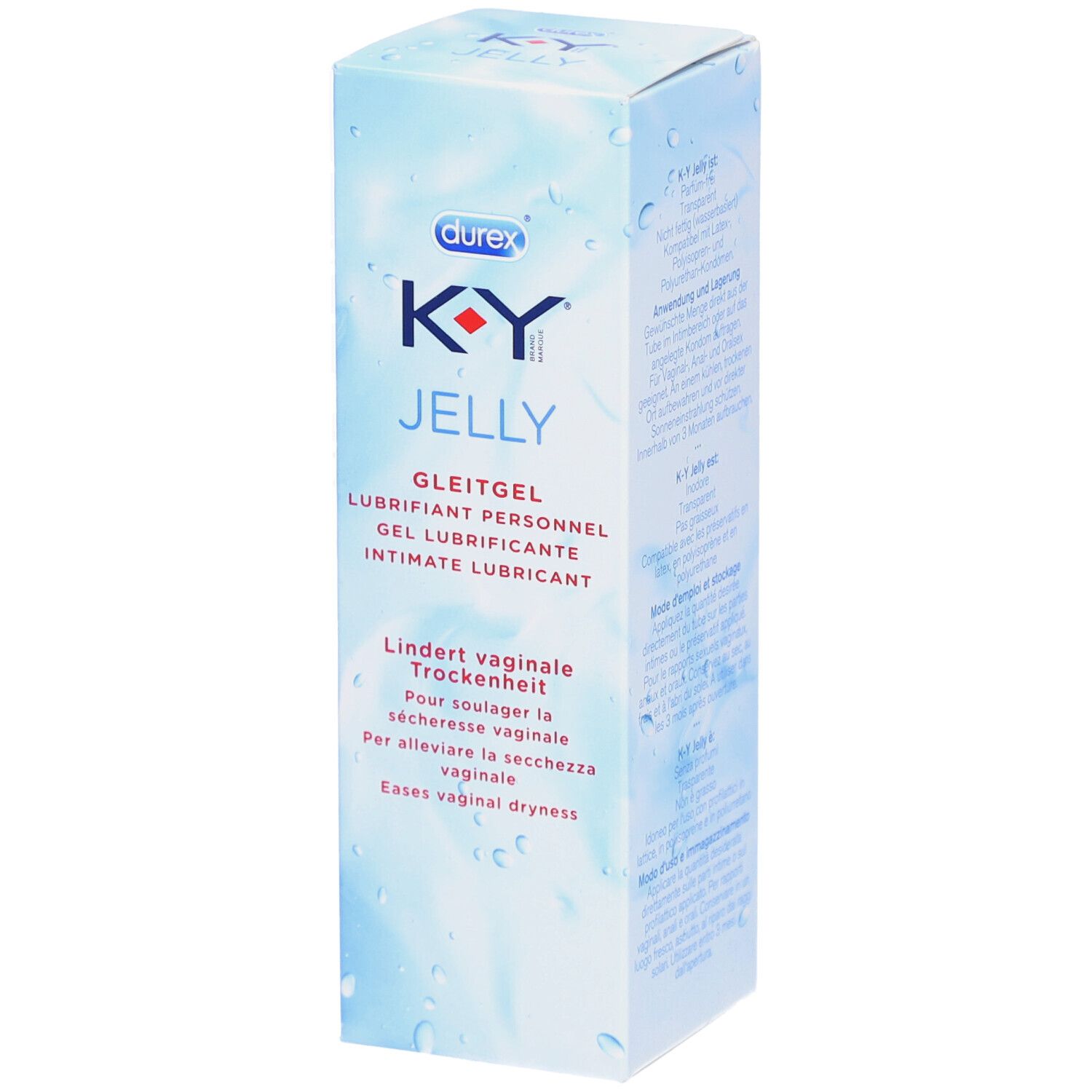 K-Y Jelly Gleitgel-Box. Blaue Verpackung mit Produktnamen und Text in Deutsch, Französisch, Italienisch und Englisch. Durex-Logo.
