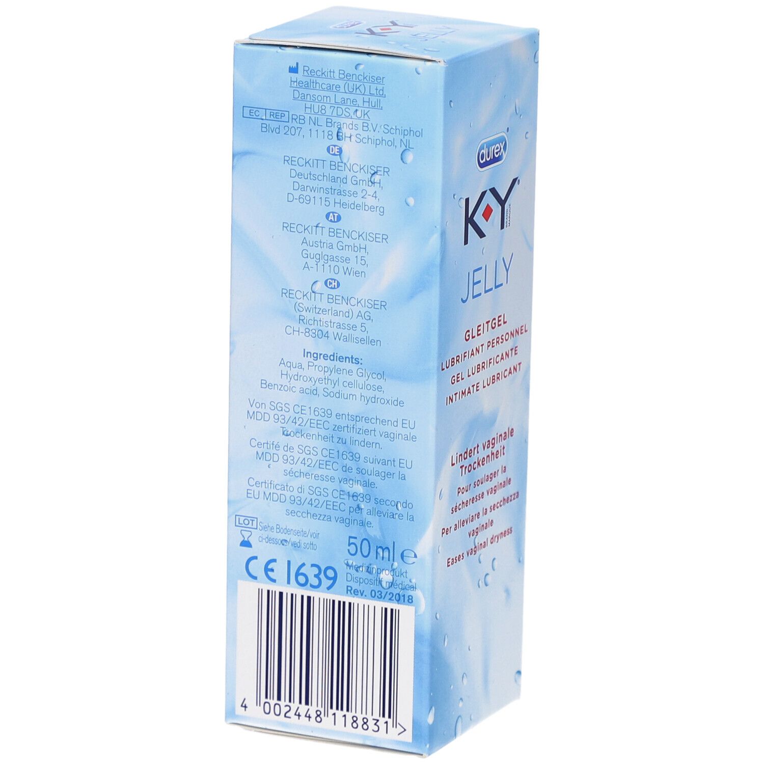 K-Y Jelly-Box, Rückseite. Enthält Informationen zu Inhaltsstoffen, Hersteller, Chargennummer und CE-Kennzeichnung. 50ml.