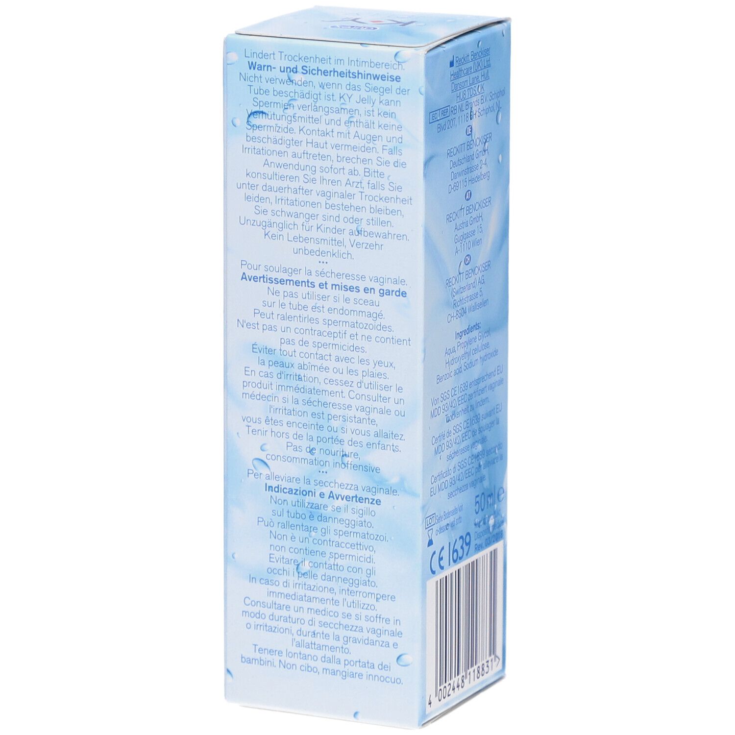 K-Y Jelly-Box, Rückseite. Enthält Warnhinweise und Vorsichtsmaßnahmen in Deutsch, Französisch und Italienisch. Text.