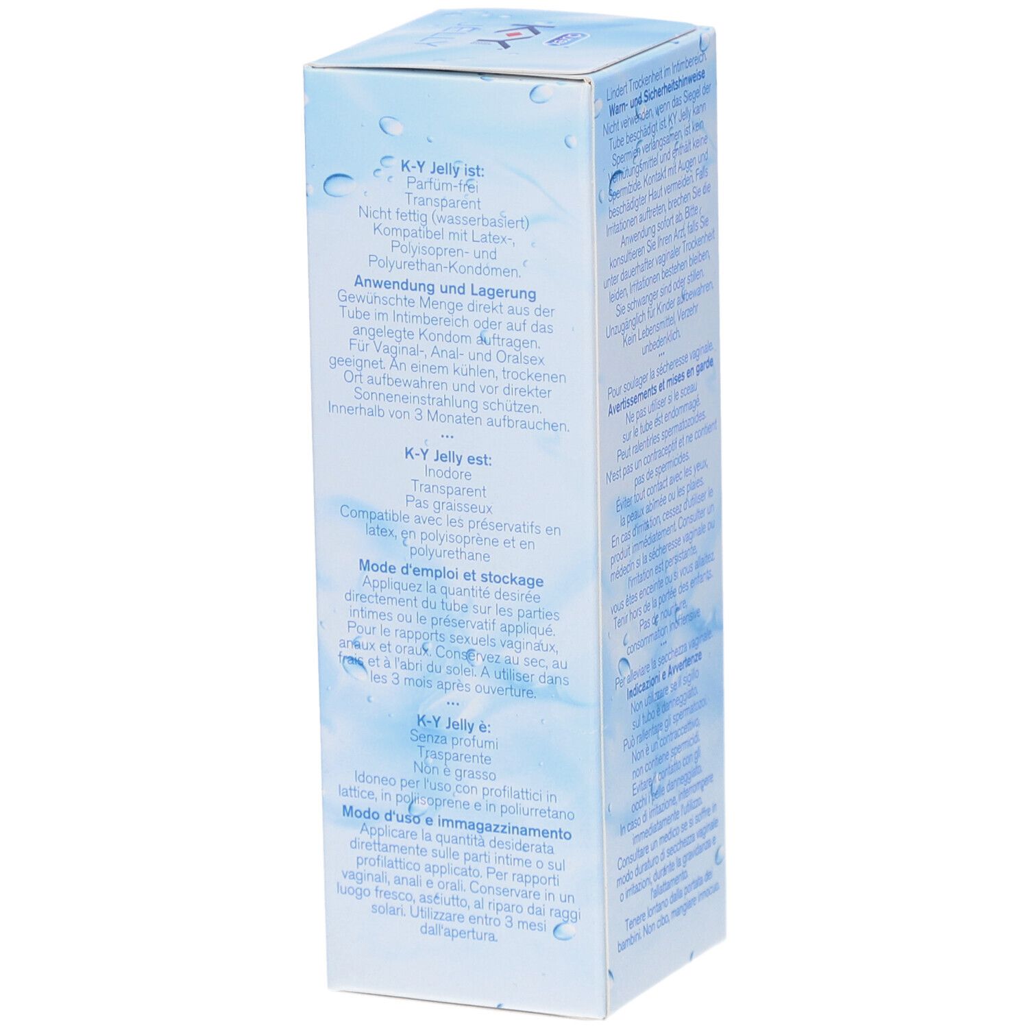 K-Y Jelly-Box, Seite. Enthält Informationen zu Anwendung und Lagerung in Deutsch, Französisch und Italienisch. Text.