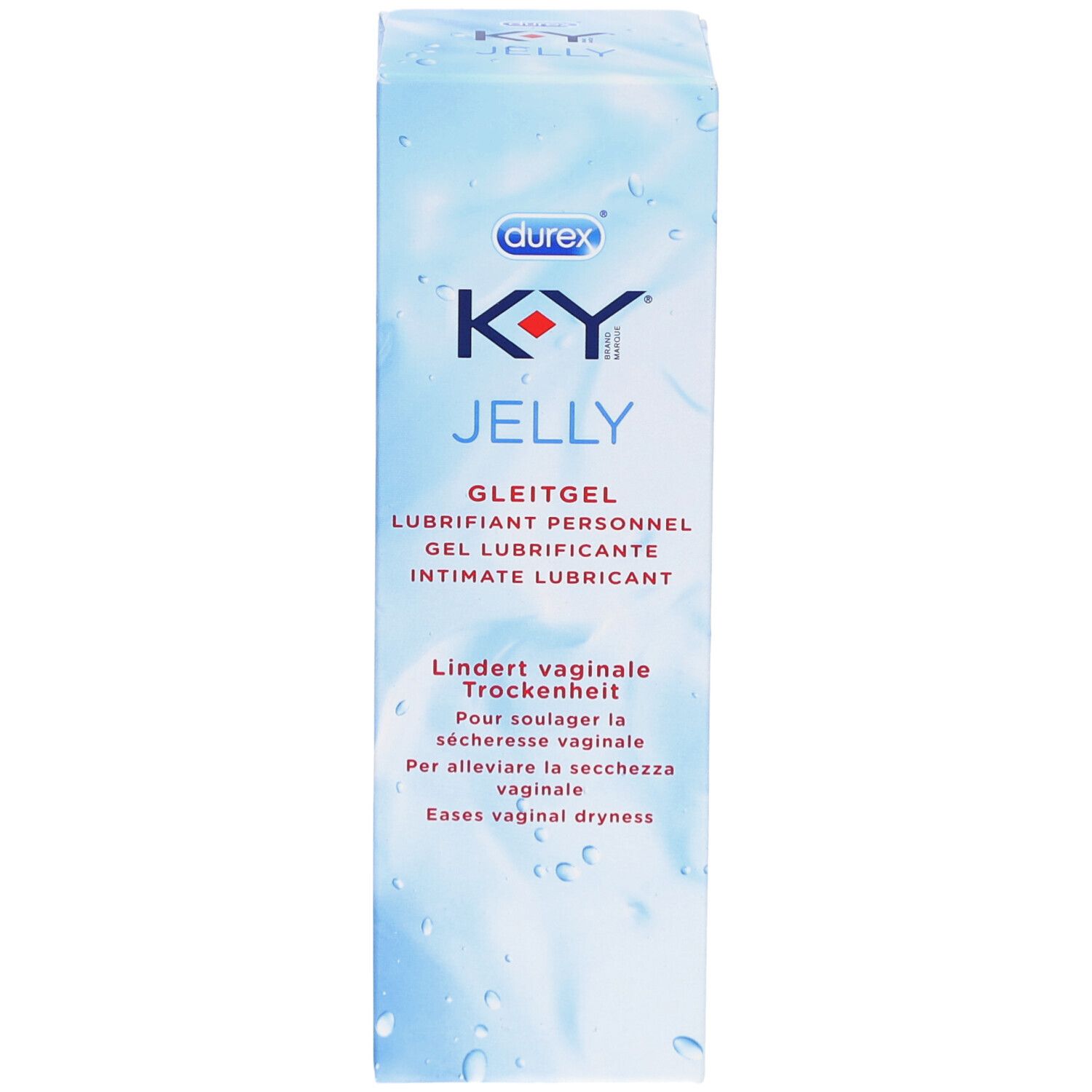 K-Y Jelly-Box. Blaue Verpackung mit Produktnamen und Text in Deutsch, Französisch, Italienisch und Englisch. Durex-Logo.