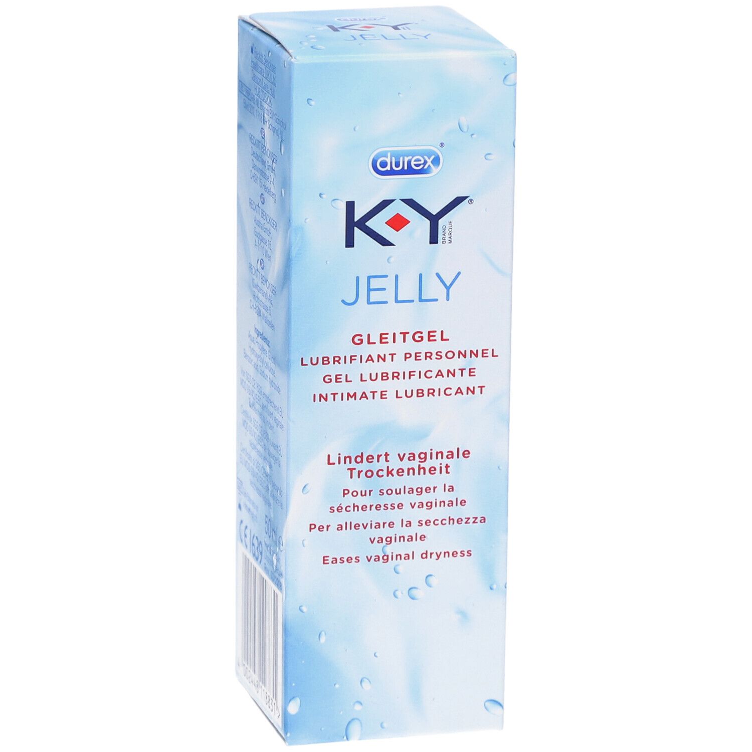 K-Y Jelly-Box. Blaue Verpackung mit Produktnamen und Text in Deutsch, Französisch, Italienisch und Englisch. Durex-Logo.