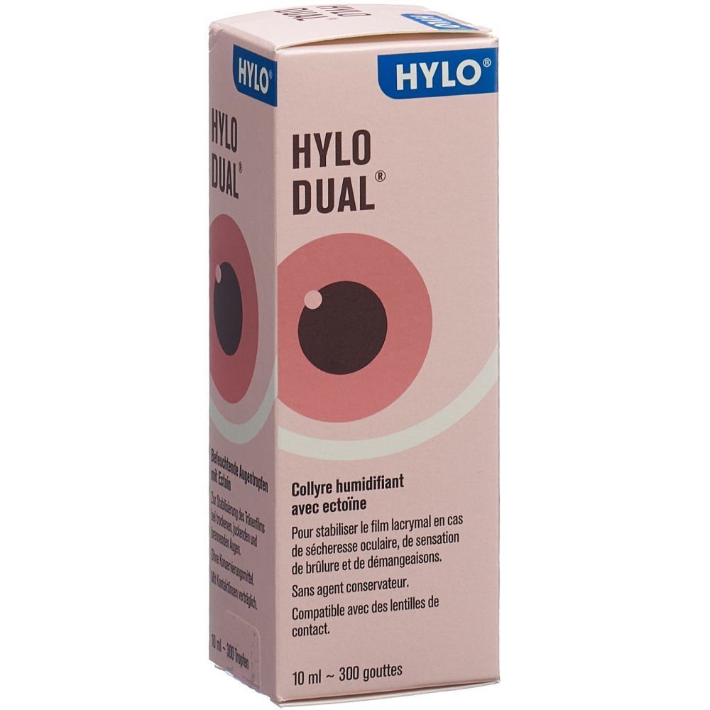 Boîte HYLO-DUAL rose avec illustration d'œil. Texte: HYLO, DUAL, Collyre humidifiant avec ectoine. 10 ml - 300 gouttes.