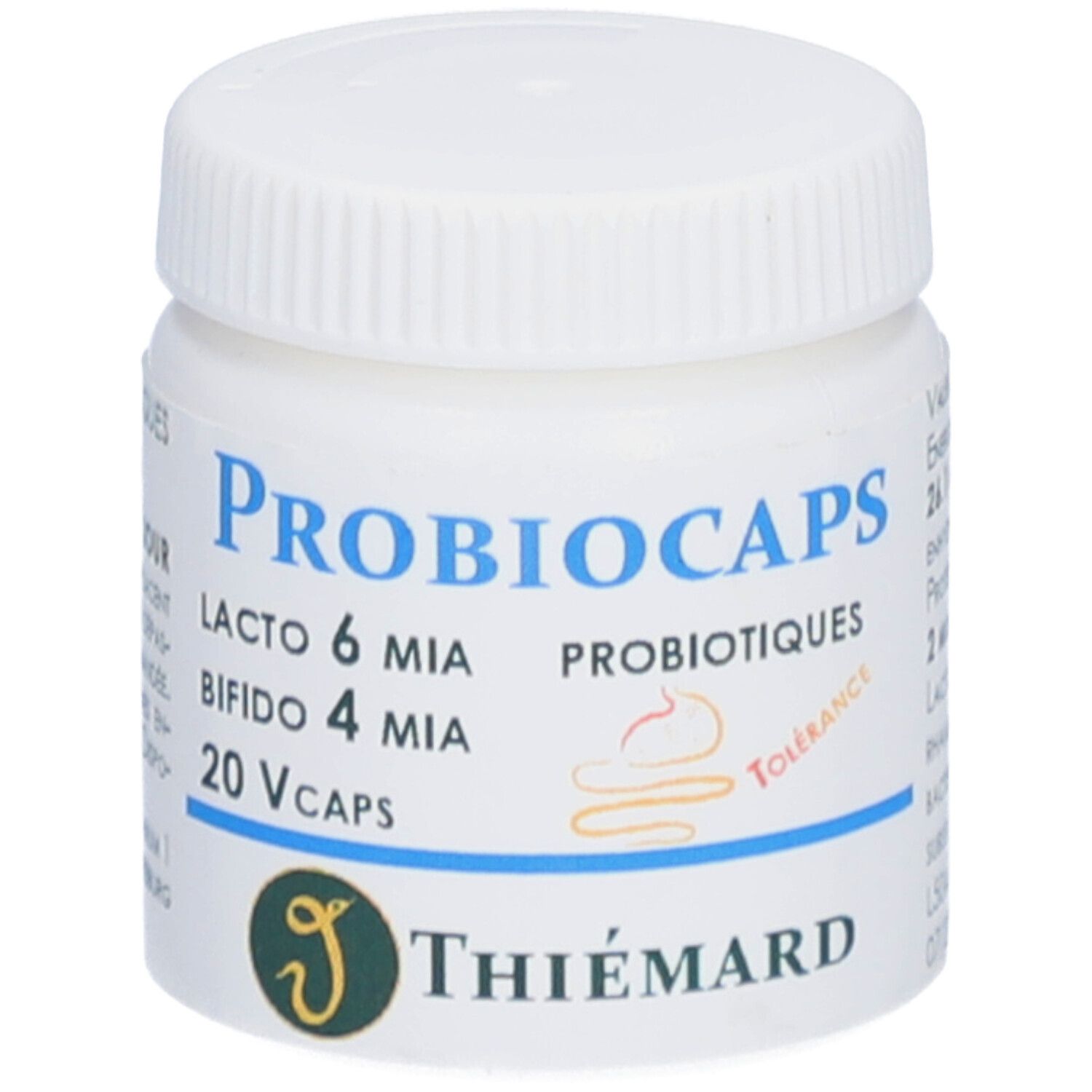 Weiße Dose mit Schraubverschluss. Aufschrift: Probiocaps, Lacto 6 MIA, Bifido 4 MIA, 20 Vcaps. Logo: Thiemard.