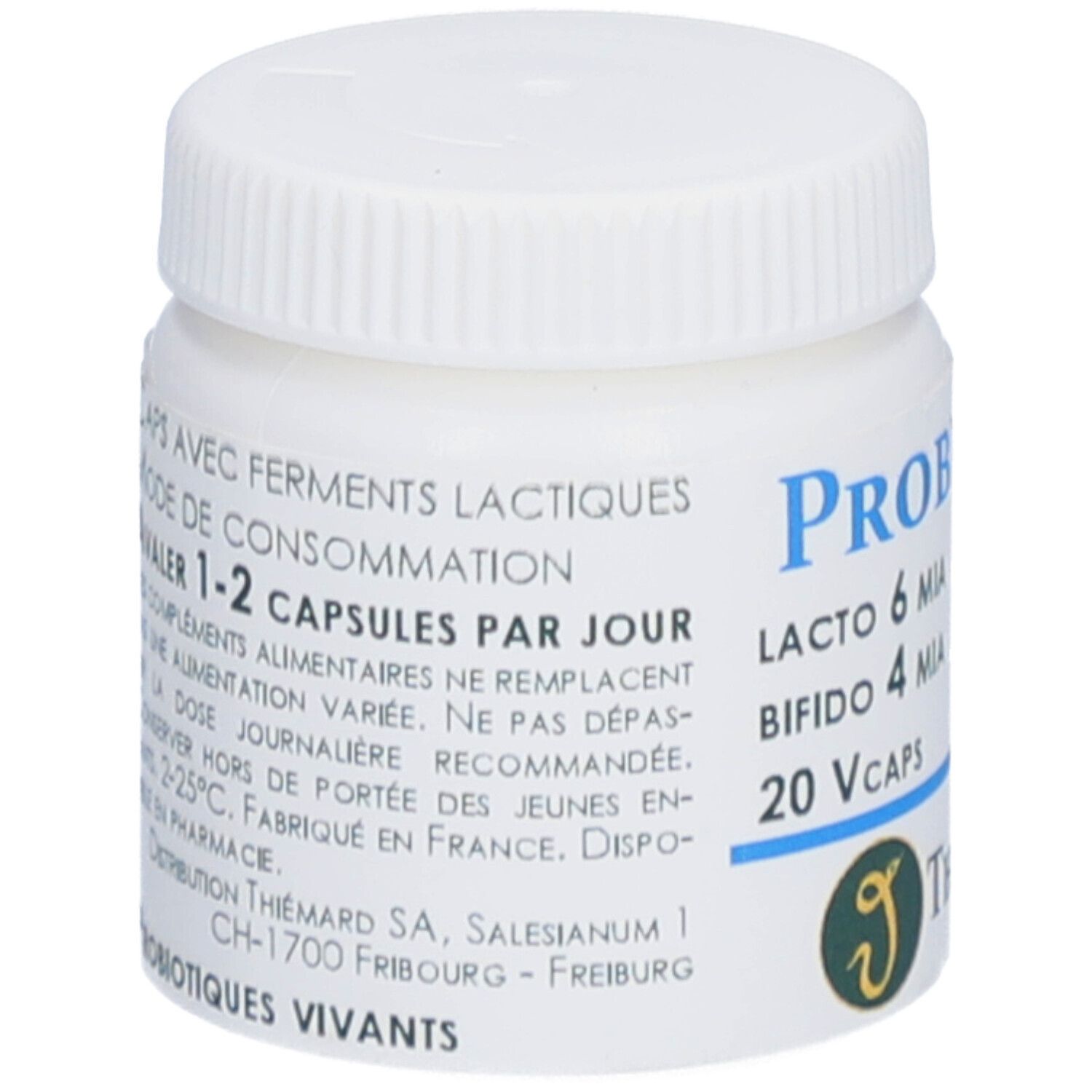 Weiße Dose mit Schraubverschluss. Aufschrift: Probiocaps, Lacto 6 MIA, Bifido 4 MIA, 20 Vcaps. Logo: Thiemard. Text auf der Seite.