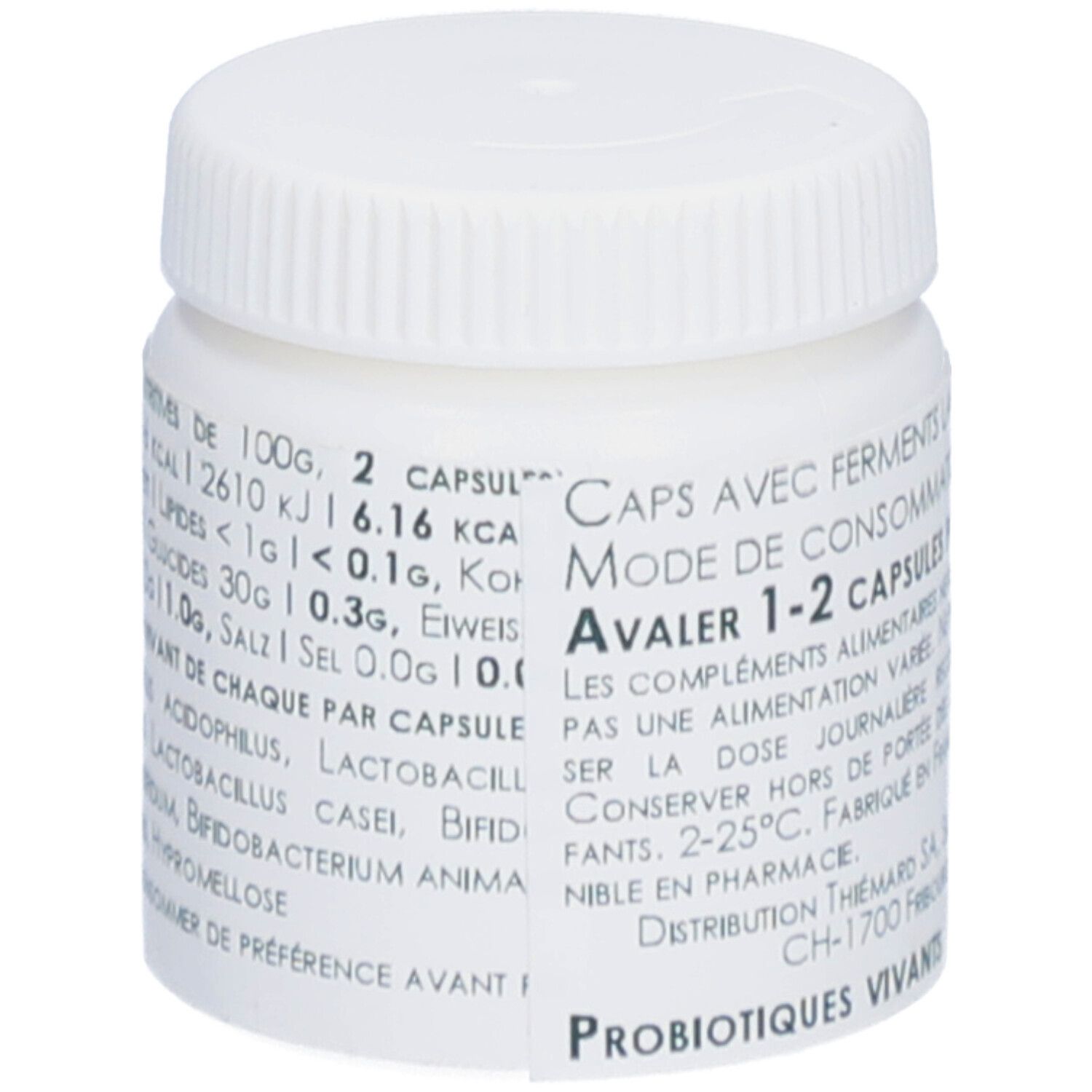 Weiße Dose mit Schraubverschluss. Aufschrift: Probiocaps, Lacto 6 MIA, Bifido 4 MIA, 20 Vcaps. Logo: Thiemard. Text mit Nährwertangaben.