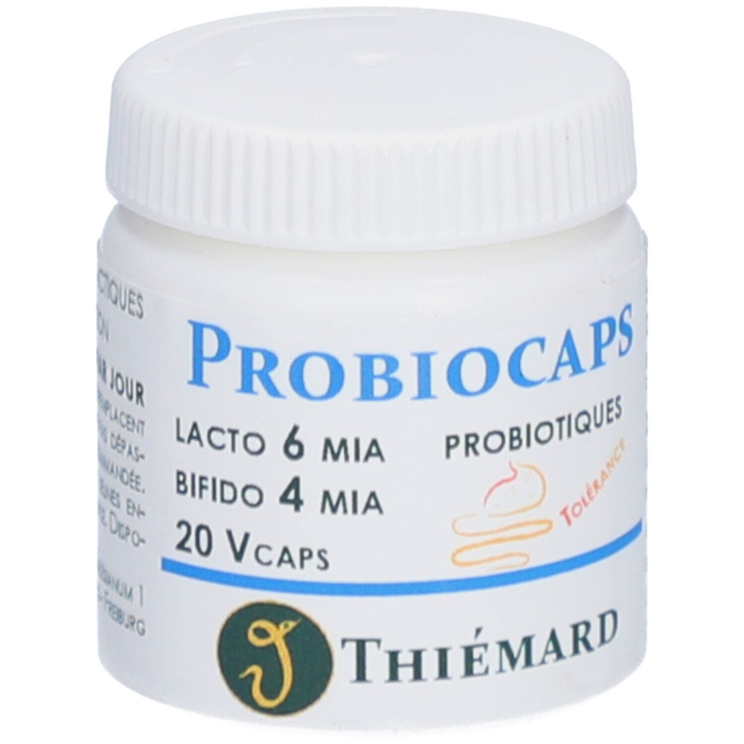 Weiße Dose mit Schraubverschluss. Aufschrift: Probiocaps, Lacto 6 MIA, Bifido 4 MIA, 20 Vcaps. Logo: Thiemard.