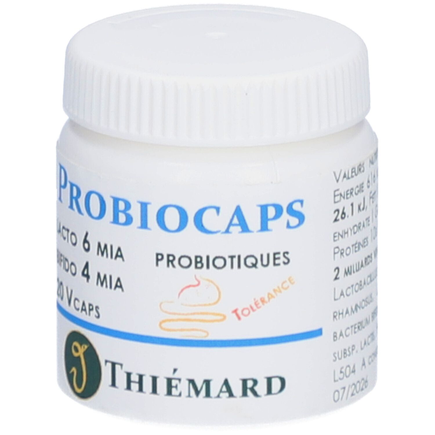 Weiße Dose mit Schraubverschluss. Aufschrift: Probiocaps, Lacto 6 MIA, Bifido 4 MIA, 20 Vcaps. Logo: Thiemard. Text mit Nährwertangaben.