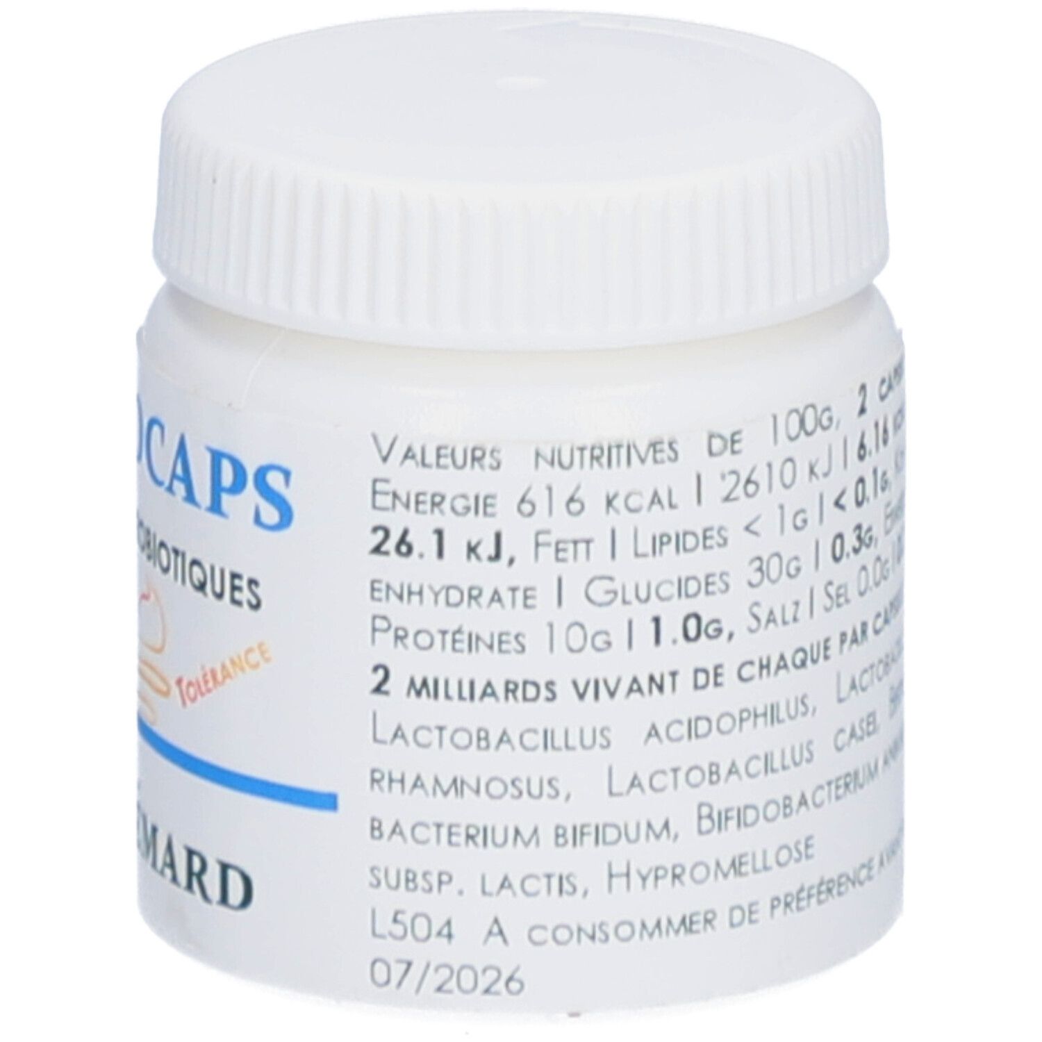 Weiße Dose mit Schraubverschluss. Aufschrift: Probiocaps, Lacto 6 MIA, Bifido 4 MIA, 20 Vcaps. Logo: Thiemard. Text mit Nährwertangaben und Verfallsdatum.