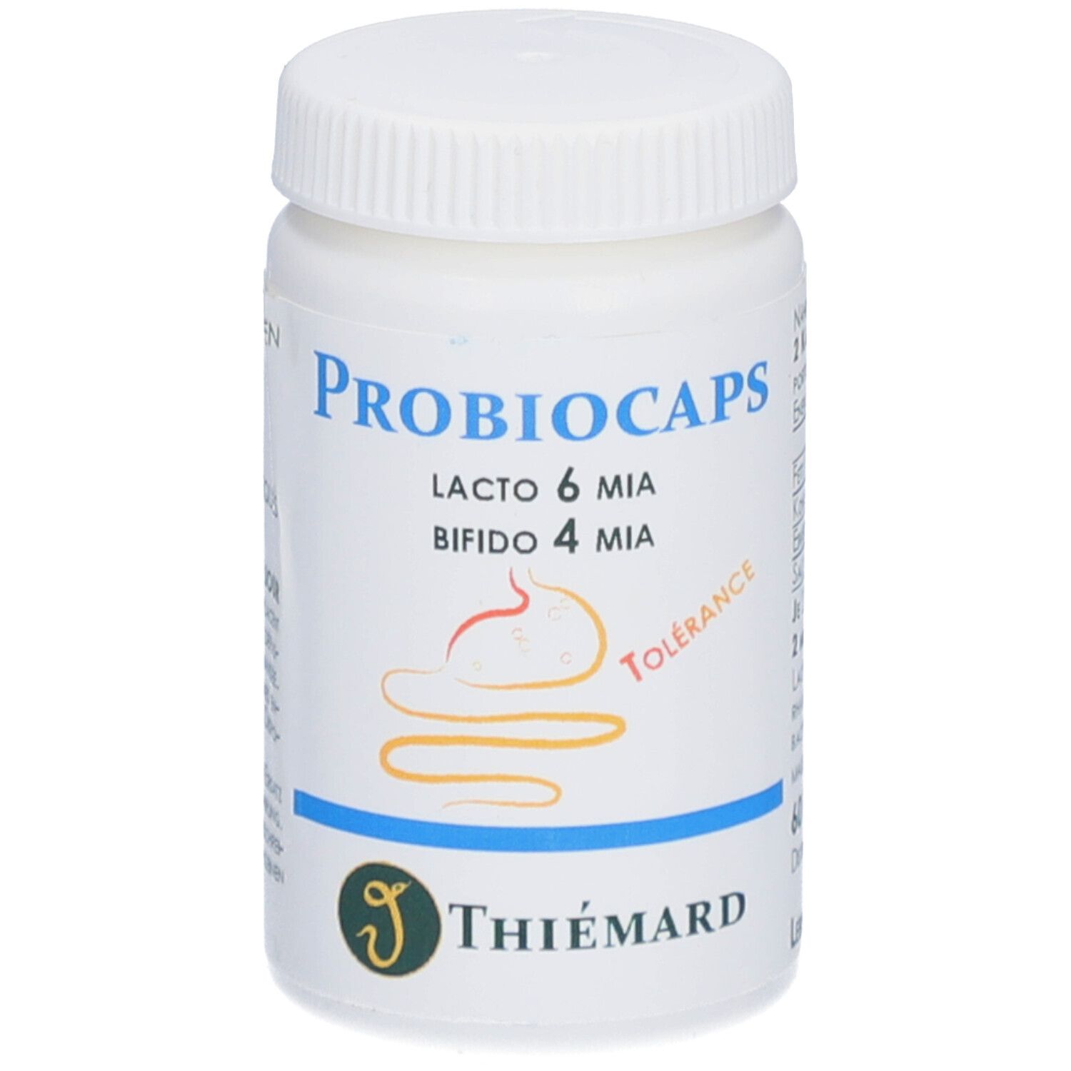 Flacon blanc "Probiocaps". Contient des gélules. Logo Thiémard.