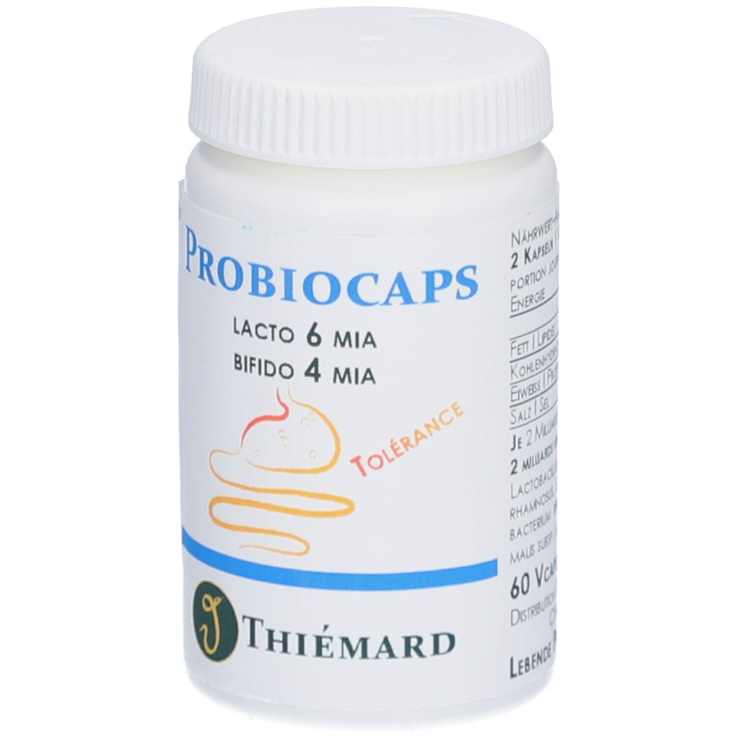 Flacon blanc "Probiocaps". Contient des gélules. Logo Thiémard.