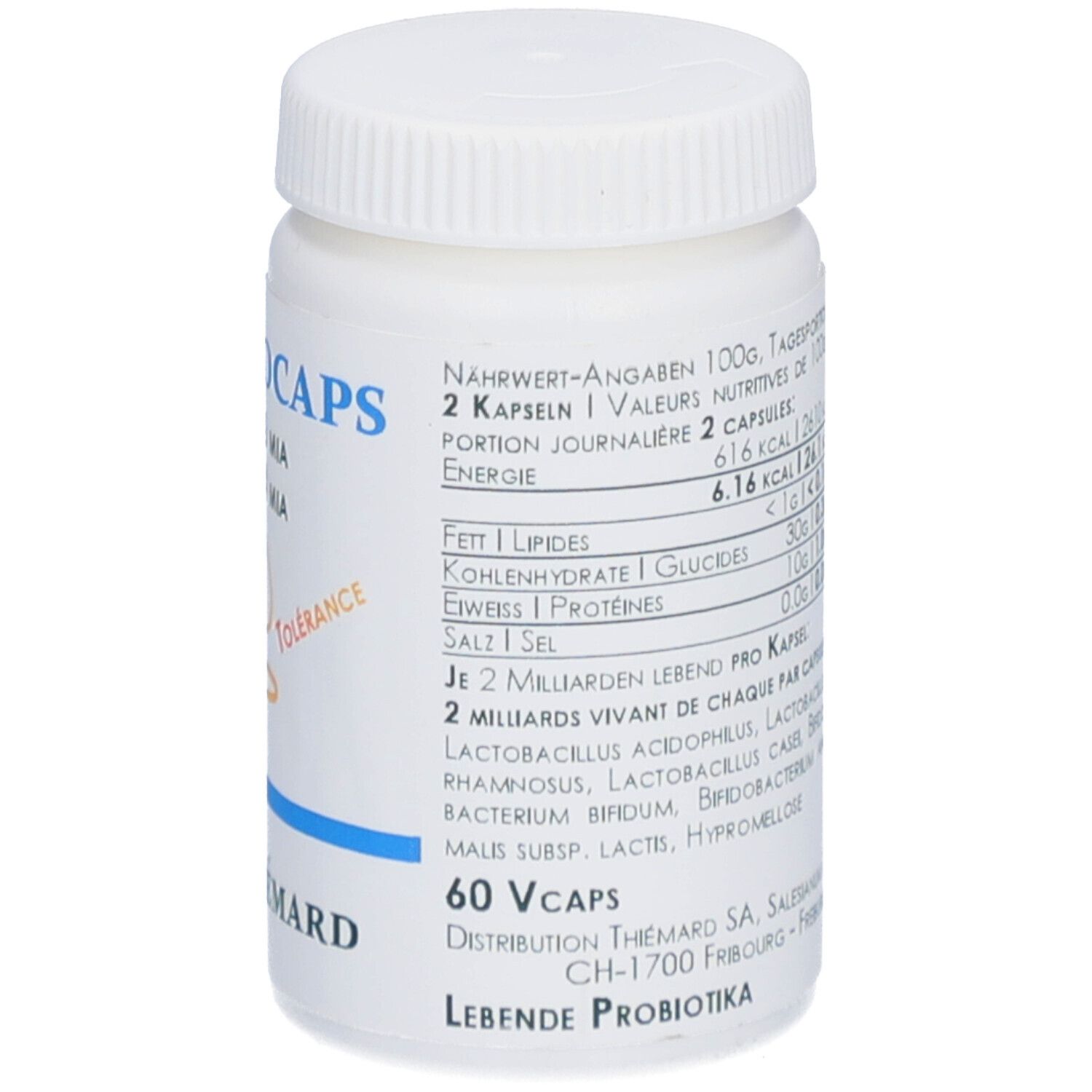 Flacon blanc avec informations nutritionnelles. Contient des gélules. "60 Vcaps". Logo Thiémard.