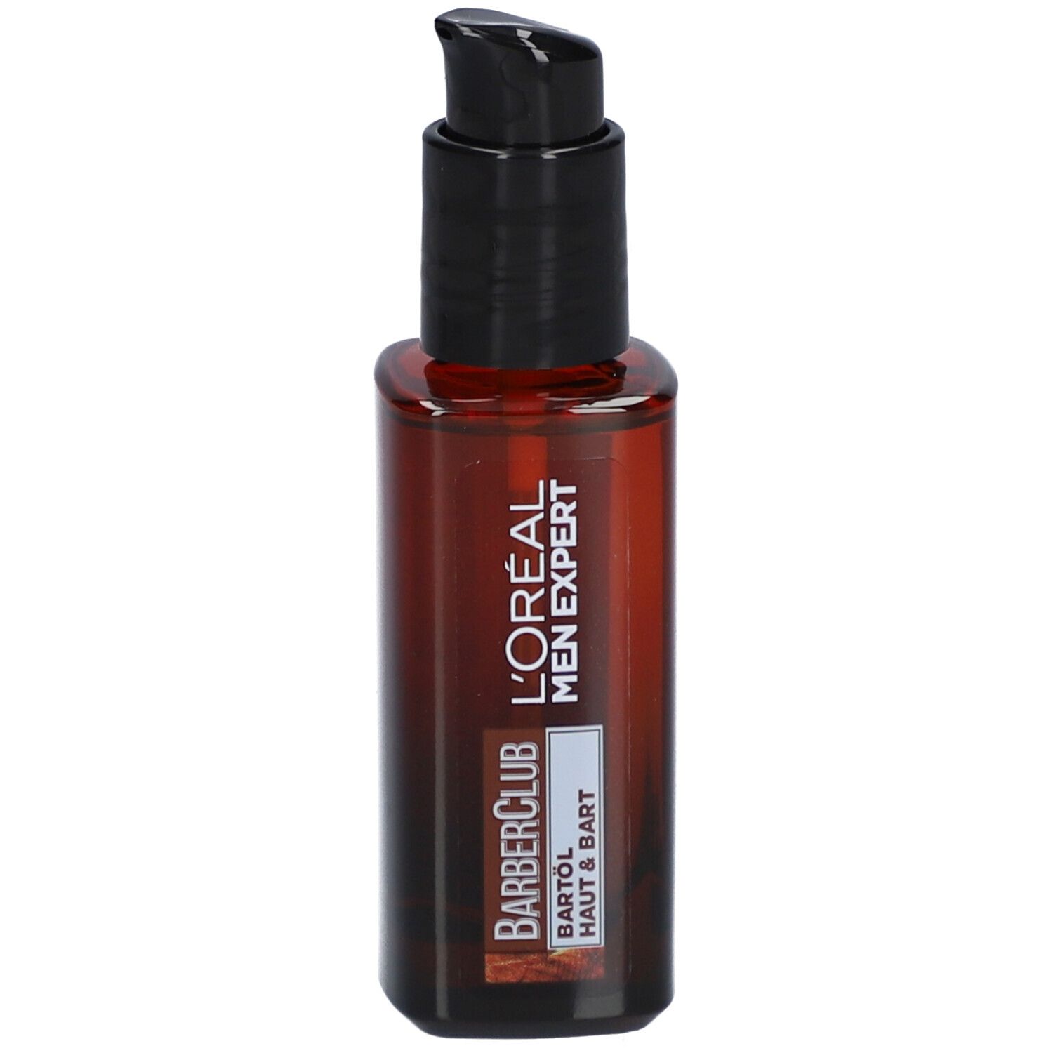 Braune Flasche mit schwarzem Pumpkopf. Aufschrift: L'Oréal Men Expert Barber Club Bartöl Haut & Bart.