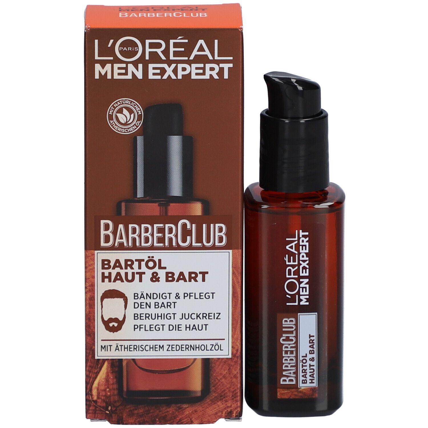 Produkt und Verpackung. Flasche und Karton. Aufschrift: L'Oréal Men Expert Barber Club Bartöl Haut & Bart.