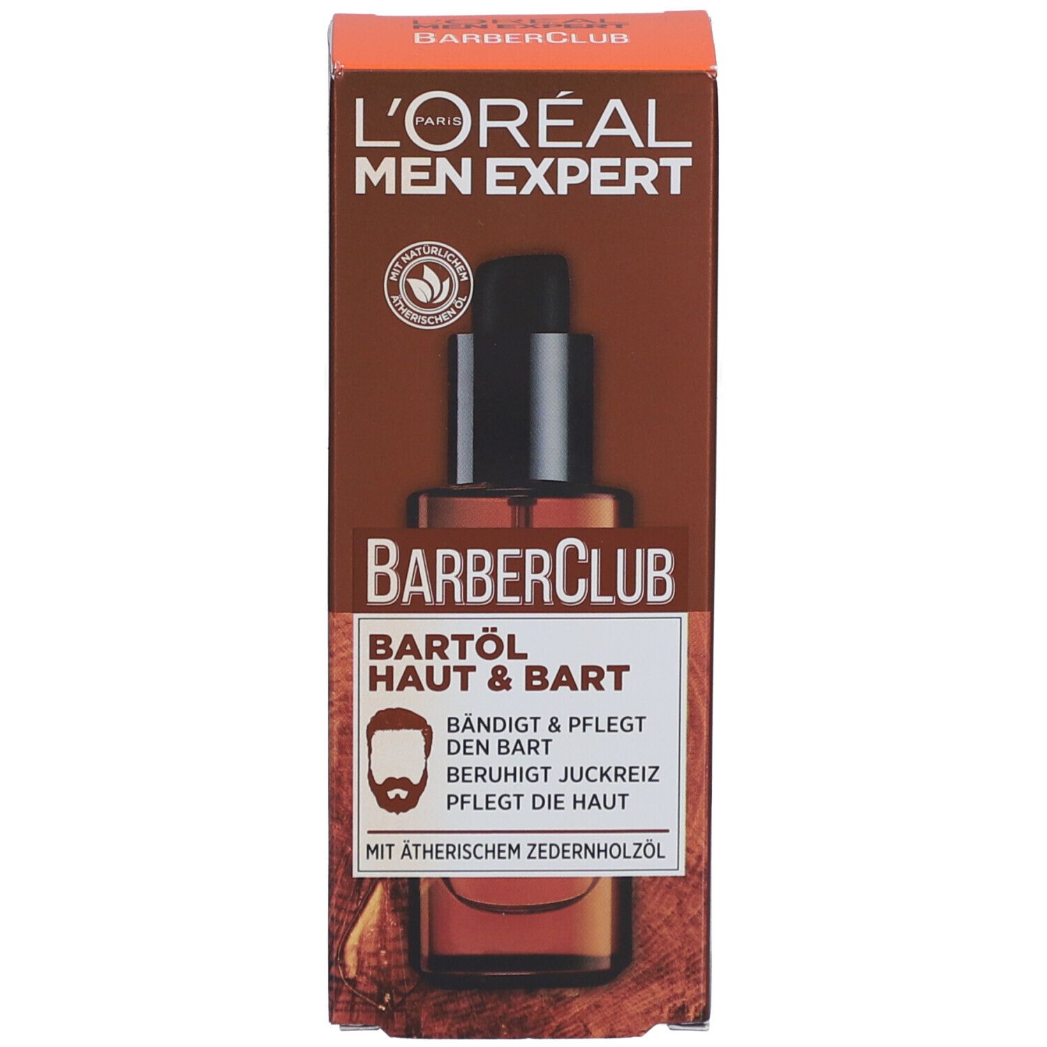 Produkt und Verpackung. Flasche und Karton. Aufschrift: L'Oréal Men Expert Barber Club Bartöl Haut & Bart.