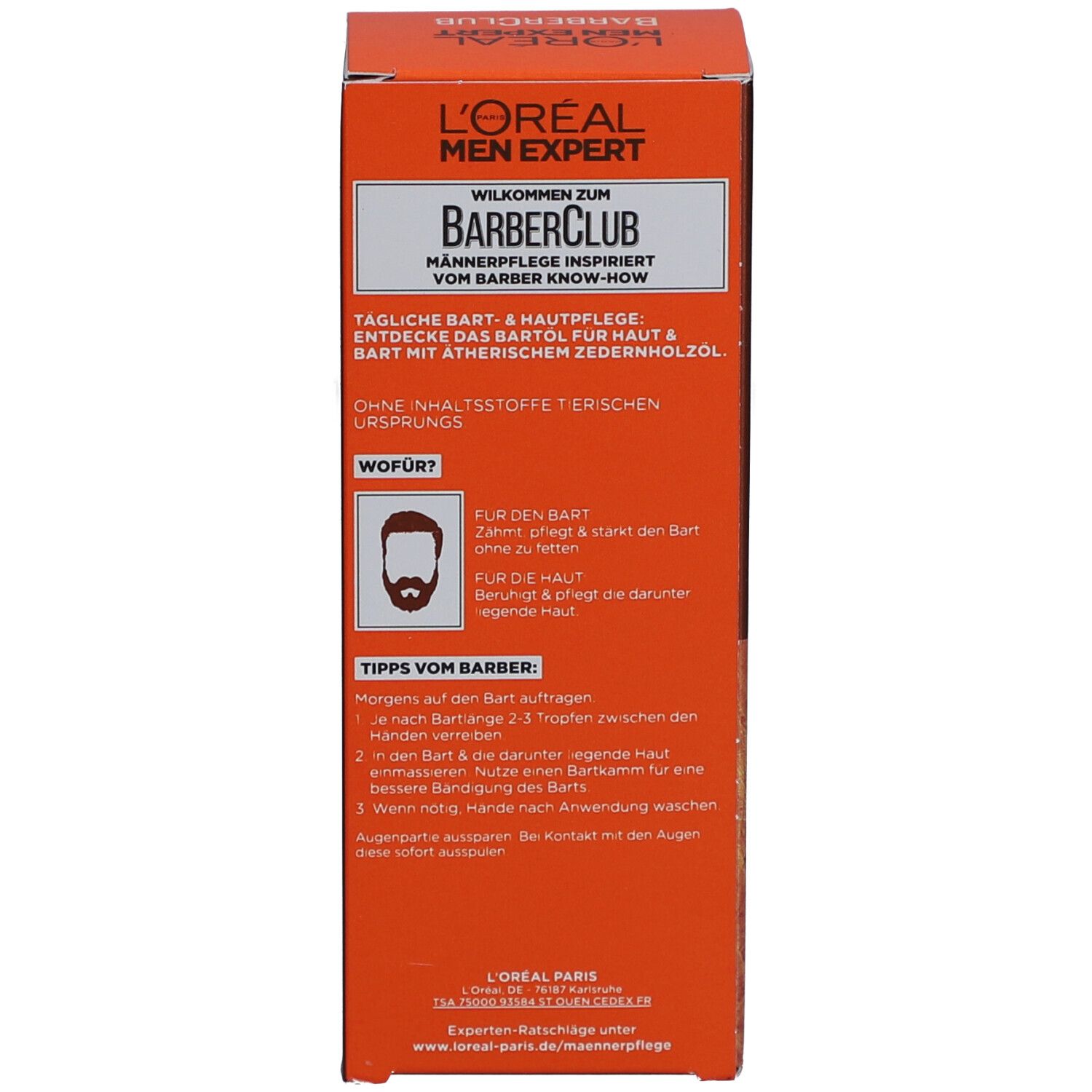Rückseite der Verpackung. Text: L'Oréal Men Expert Barber Club. Informationen zur Anwendung.
