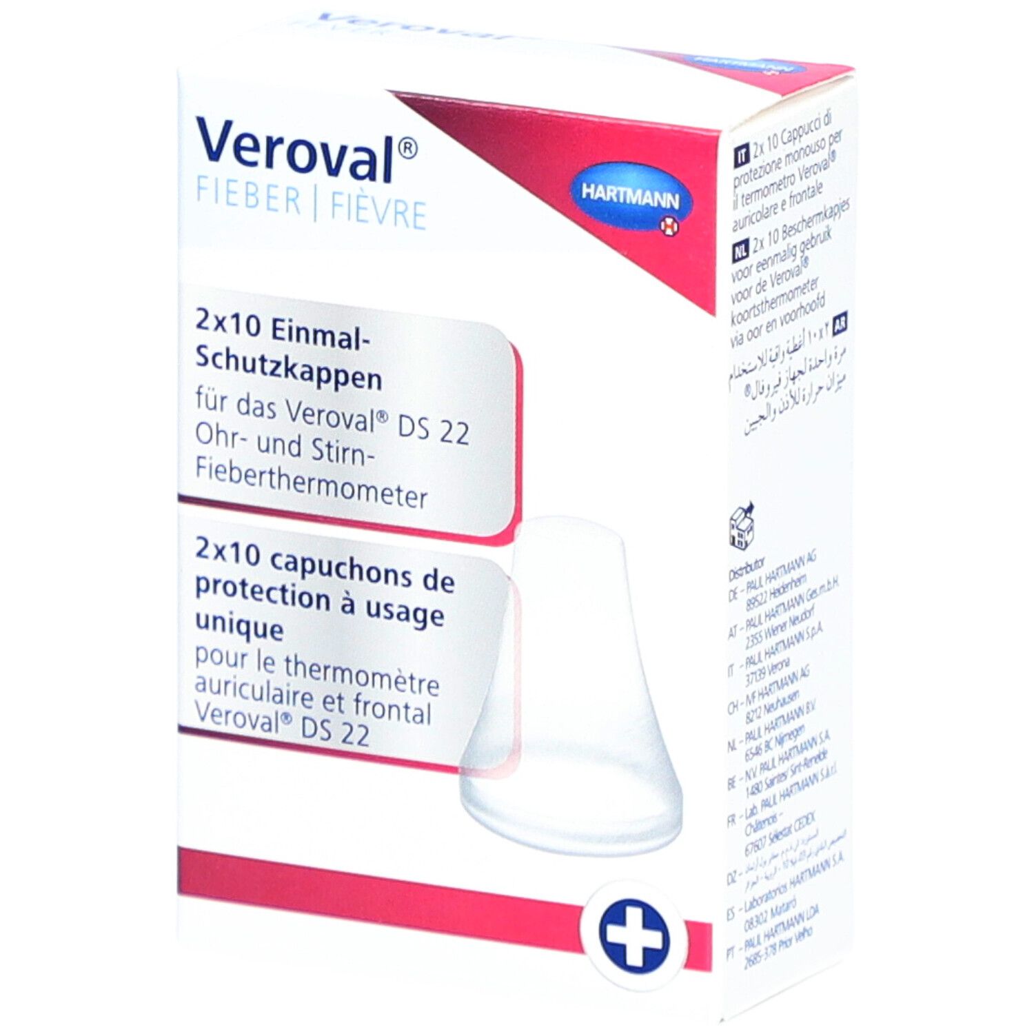 Emballage de protections Veroval® DS 22. Contient 2x10 capuchons jetables. Marque et logo visibles. Emballage blanc avec accent rouge.