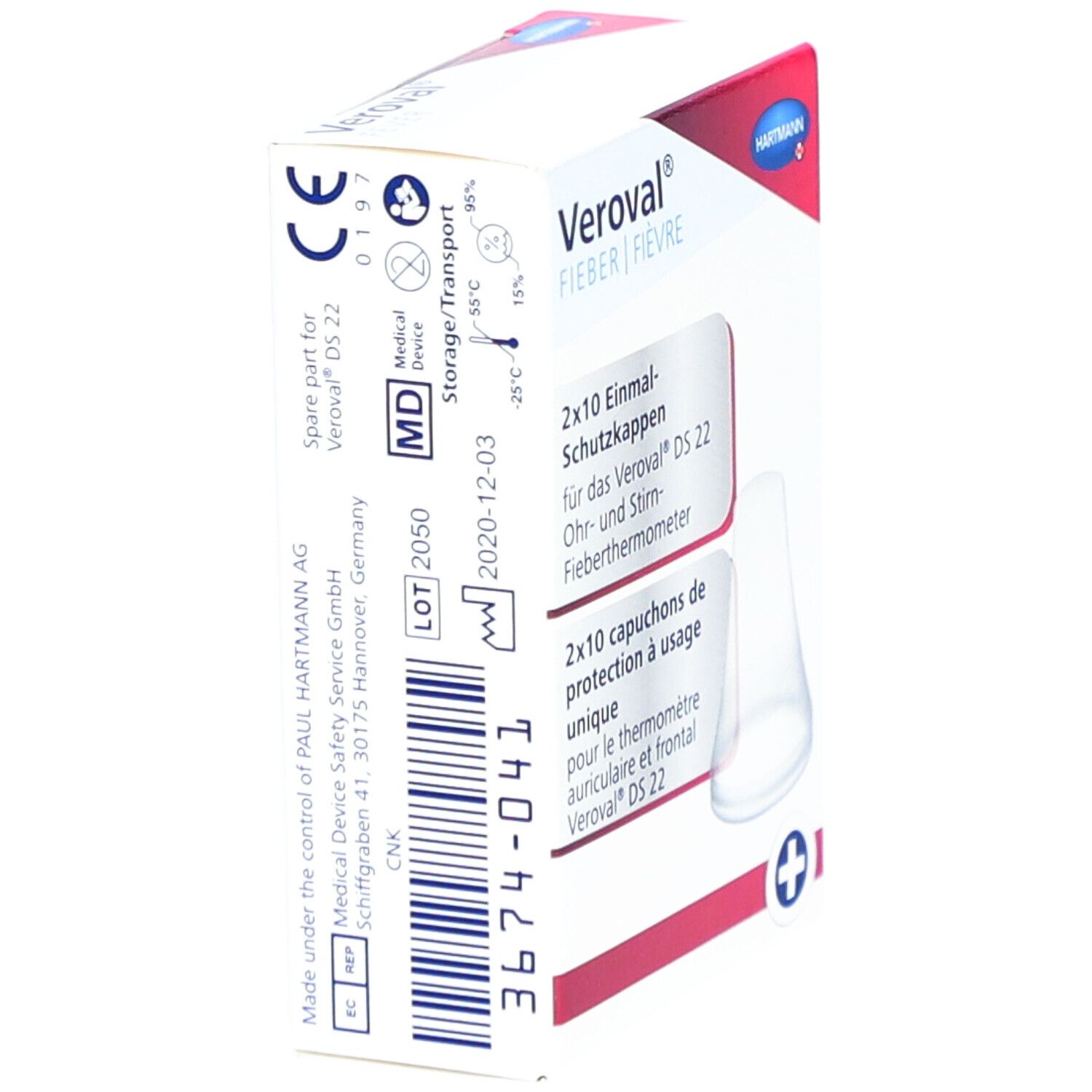 Emballage de protections Veroval® DS 22. Contient 2x10 capuchons jetables. Marquage dispositif médical. Emballage blanc avec accent rouge.