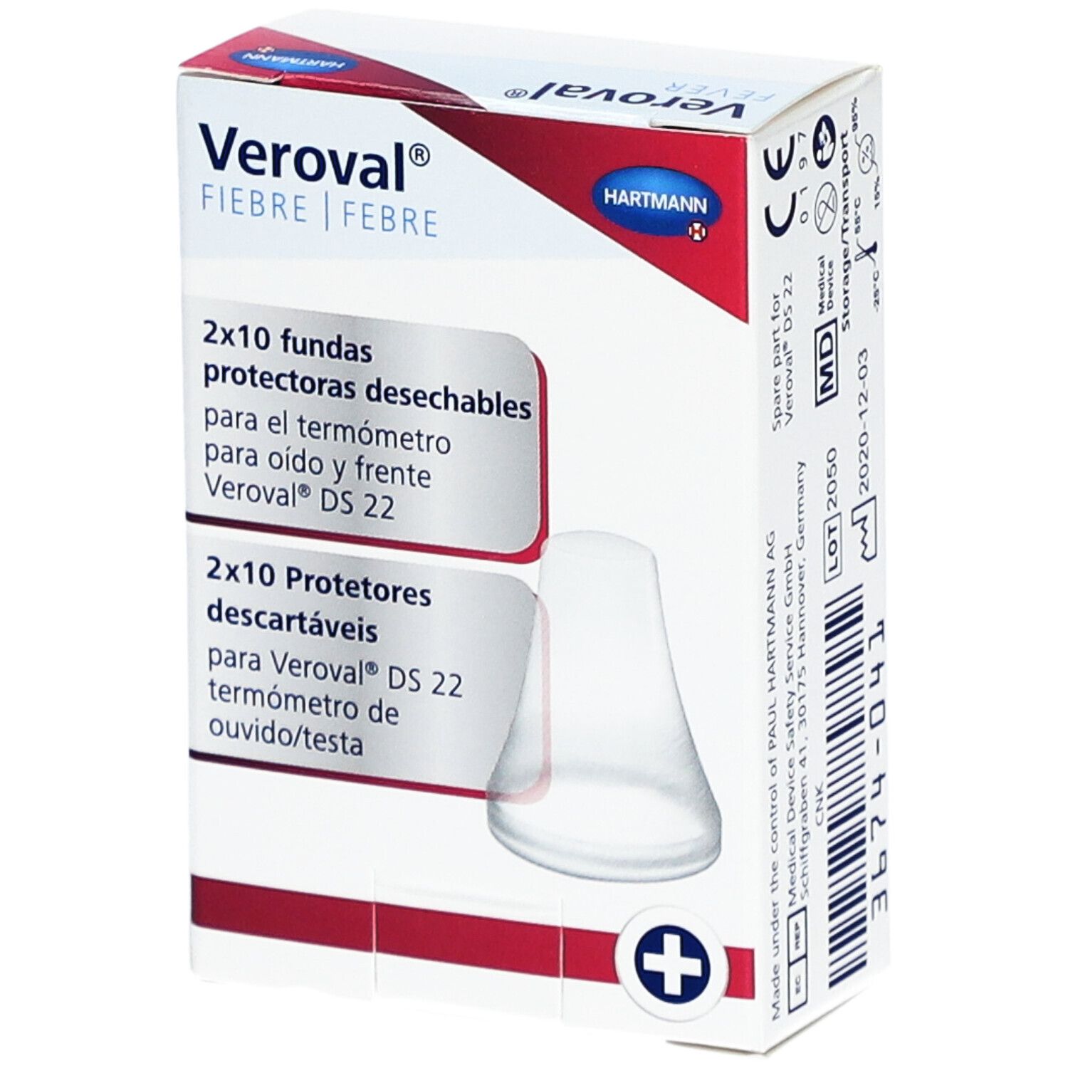 Emballage de protections Veroval® DS 22. Contient 2x10 capuchons jetables. Étiquetage multilingue. Emballage blanc avec accent rouge.