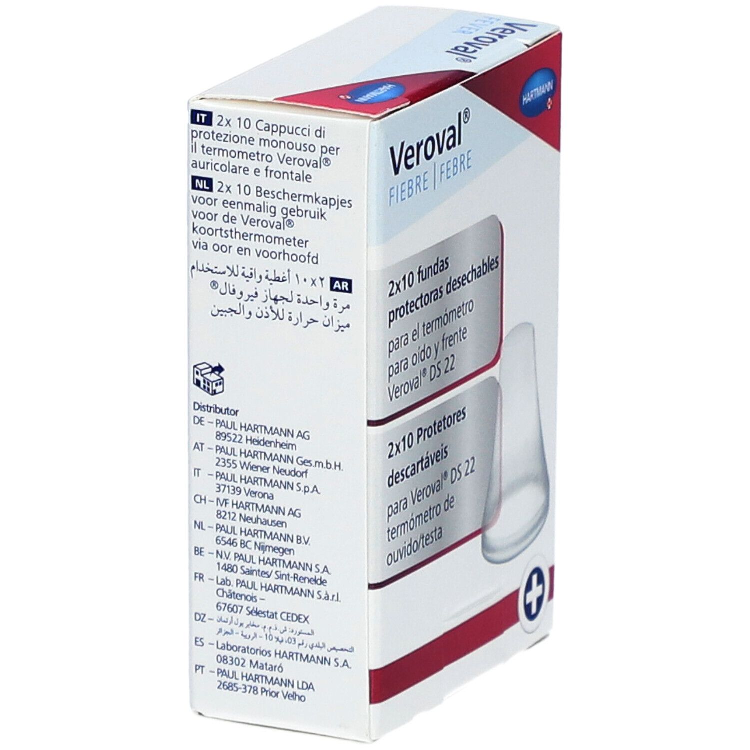 Emballage de protections Veroval® DS 22. Contient 2x10 capuchons jetables. Étiquetage multilingue. Emballage blanc avec accent rouge.