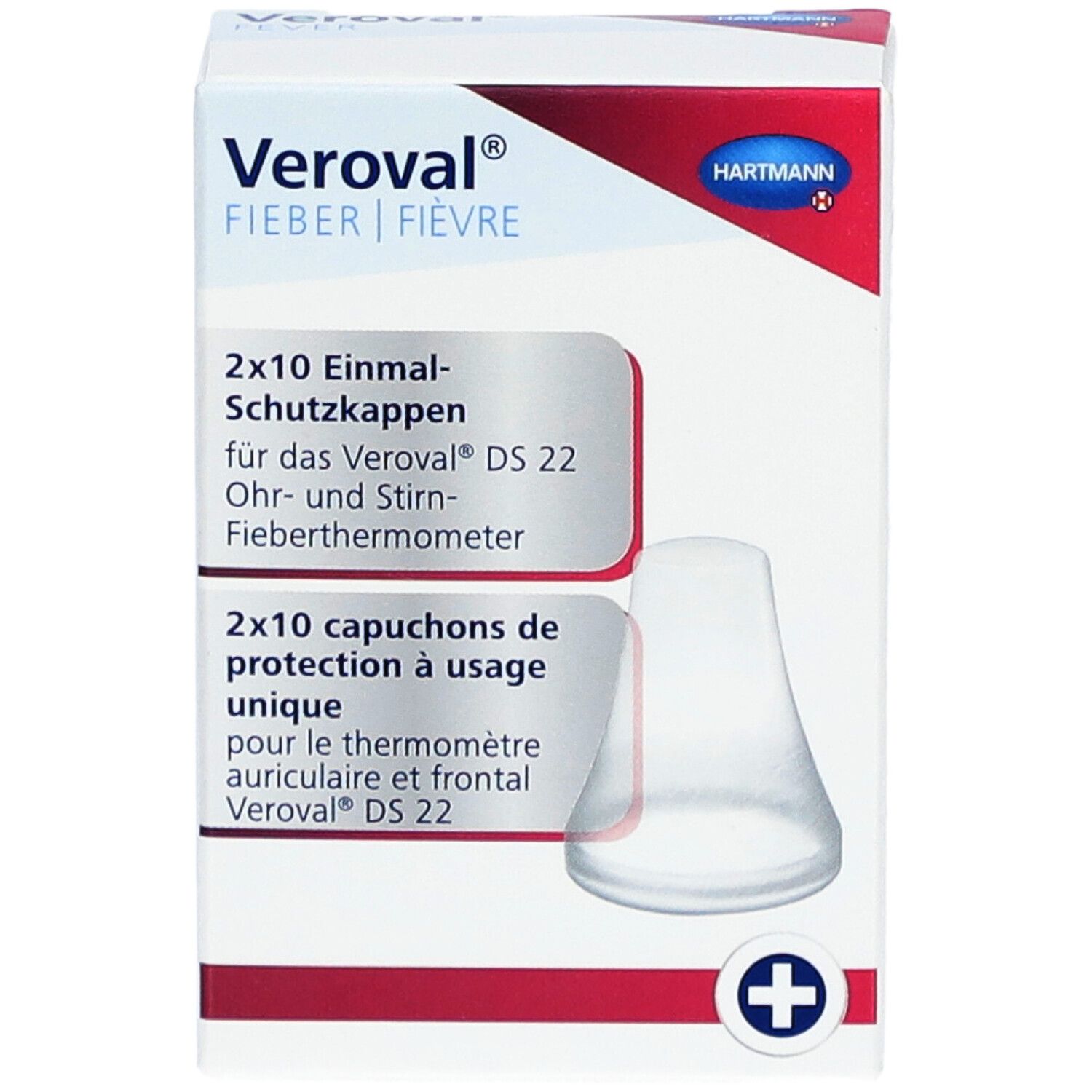 Emballage de protections Veroval® DS 22. Contient 2x10 capuchons jetables. Marque et logo visibles. Emballage blanc avec accent rouge.