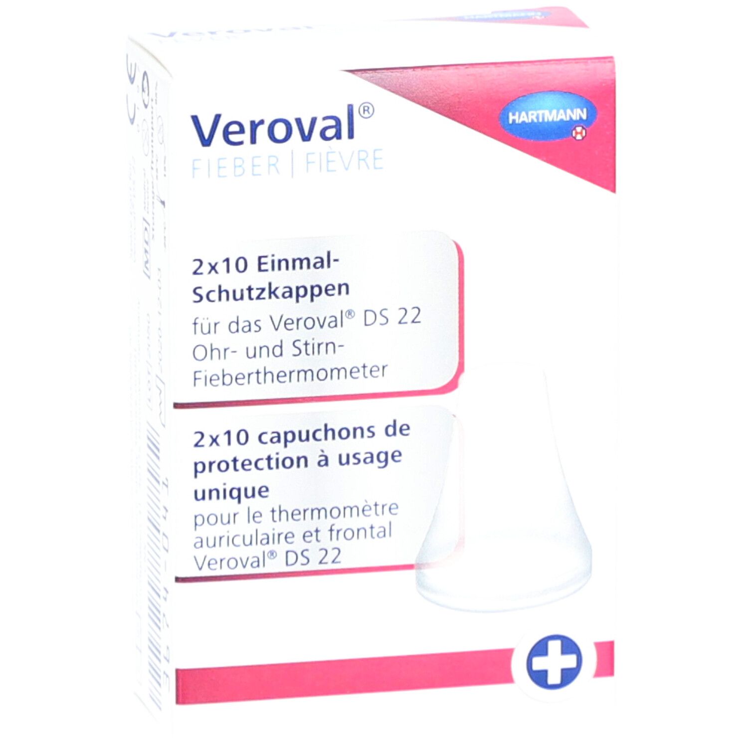 Emballage de protections Veroval® DS 22. Contient 2x10 capuchons jetables. Marque et logo visibles. Emballage blanc avec accent rouge.