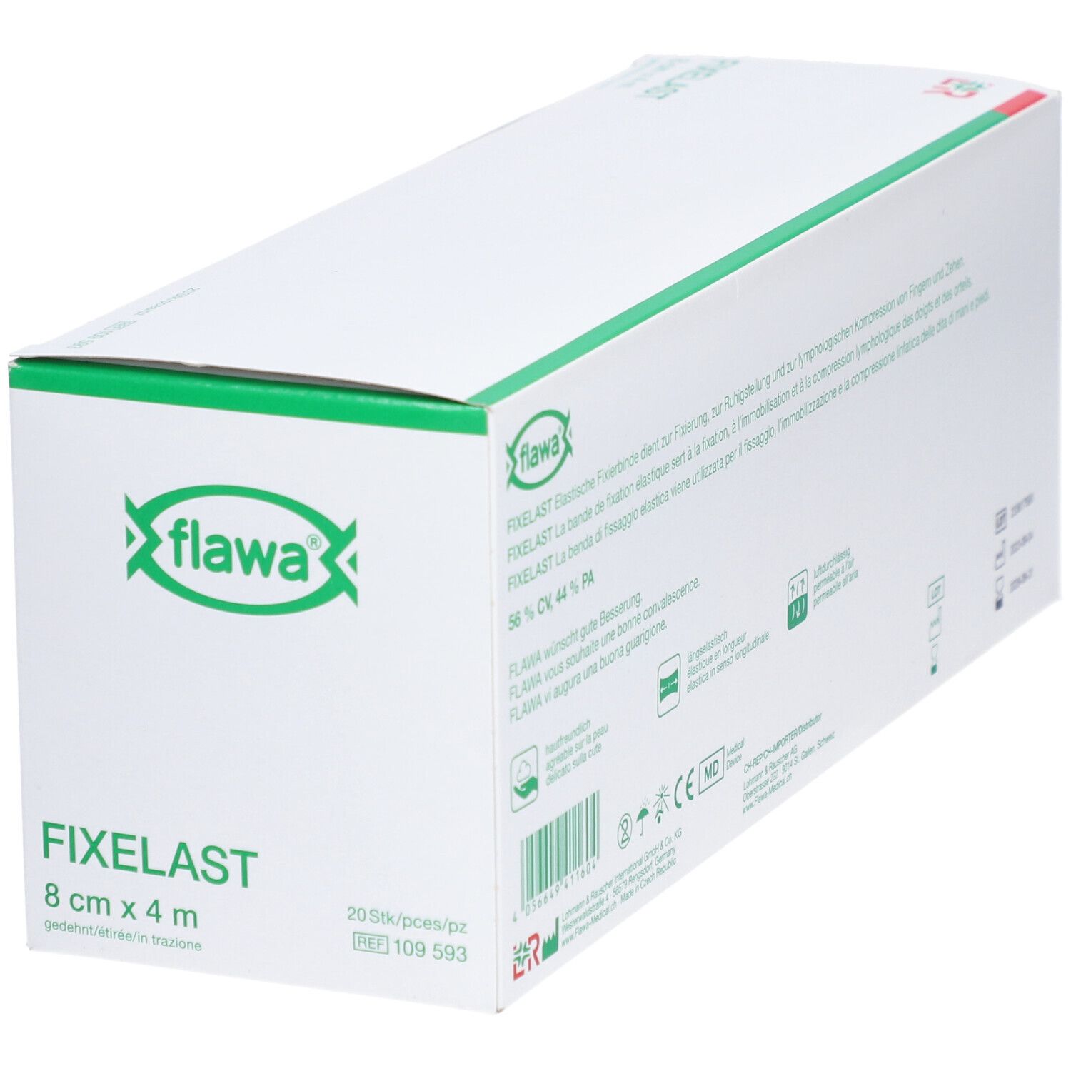 Boîte blanche avec logo vert et texte FIXELAST 8 cm x 4 m. Logo Flawa.