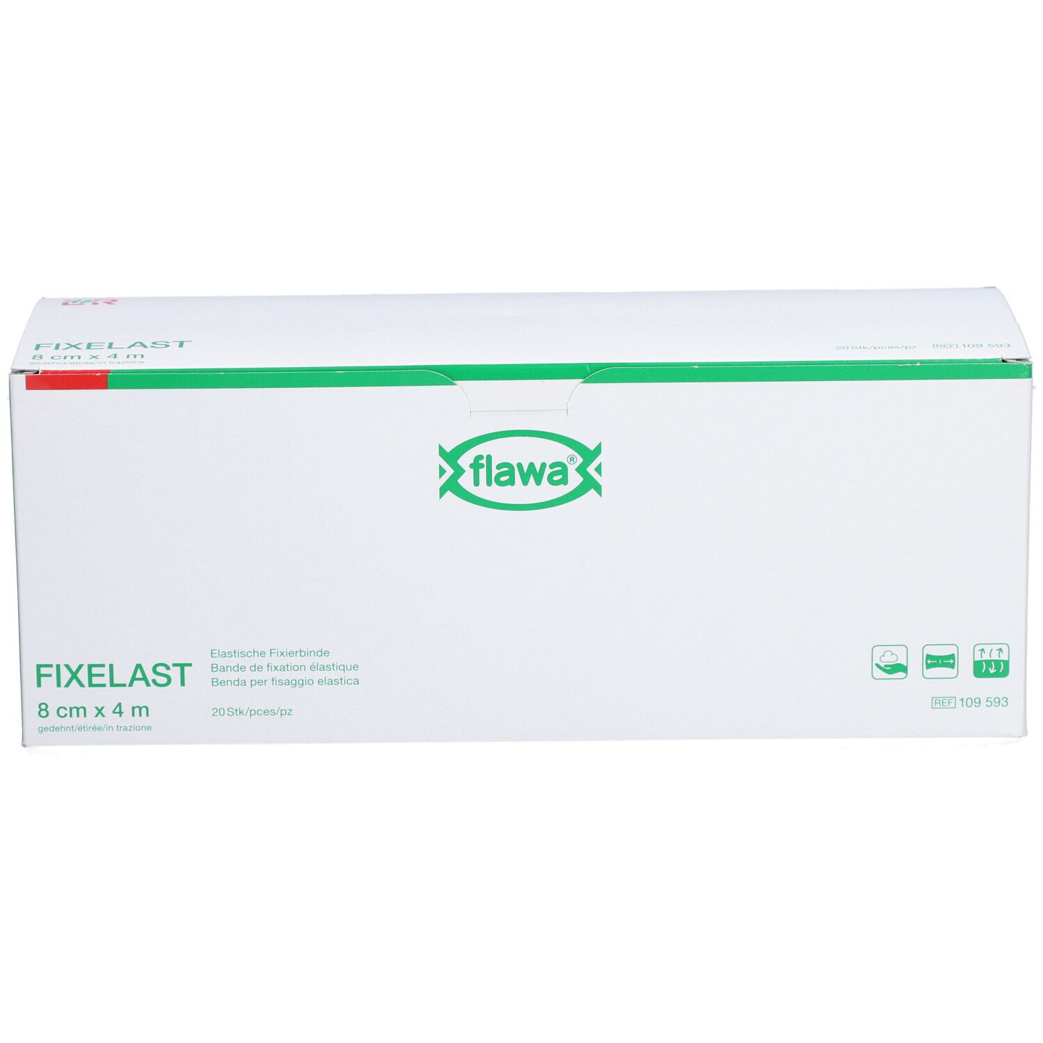 Boîte blanche avec logo vert et texte FIXELAST 8 cm x 4 m. Logo Flawa.