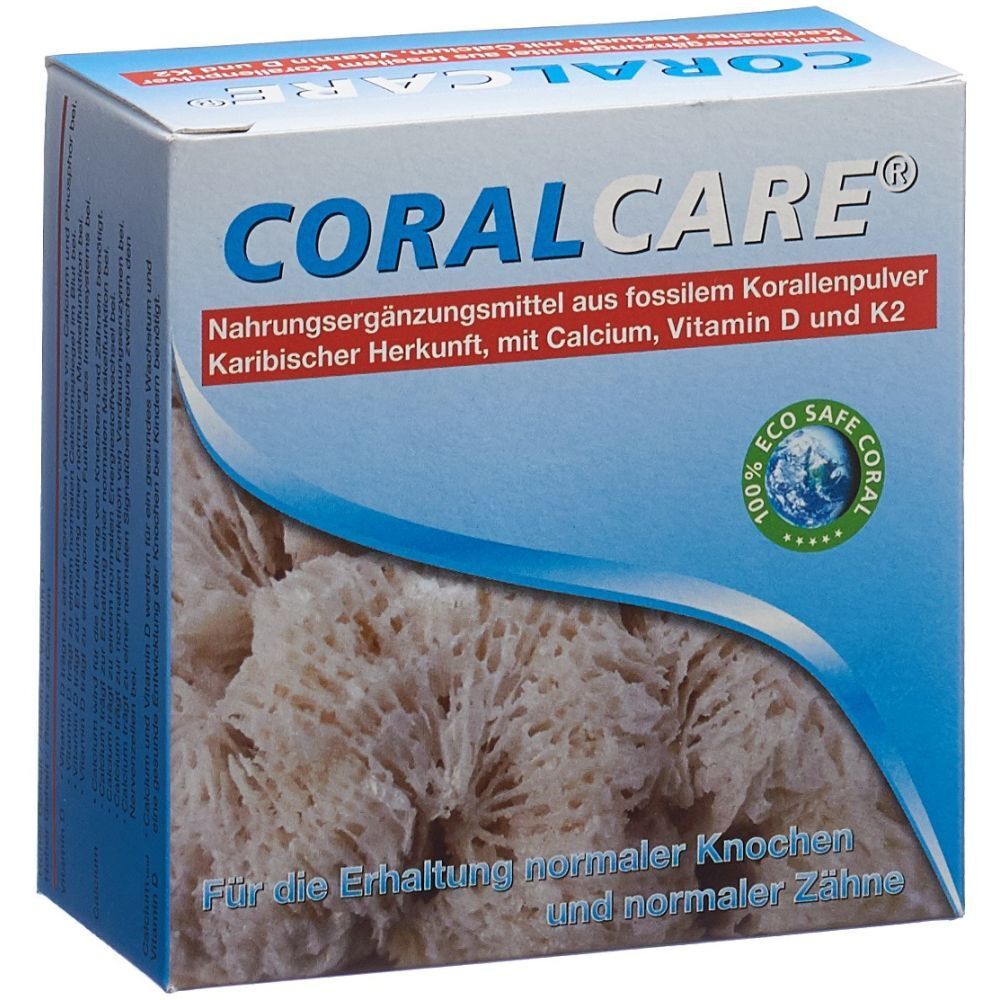 Boîte CORALCARE®. Complément alimentaire avec poudre de corail, vitamine D3 et K2. Texte: Pour les os et les dents.