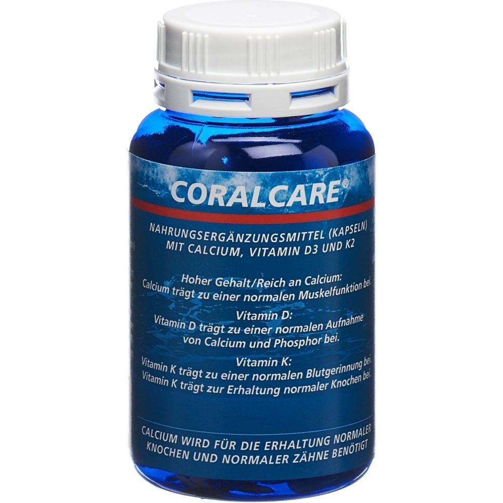 Flacon bleu avec bouchon blanc. Inscription CORALCARE, complément alimentaire avec calcium, vitamine D3 et K2.