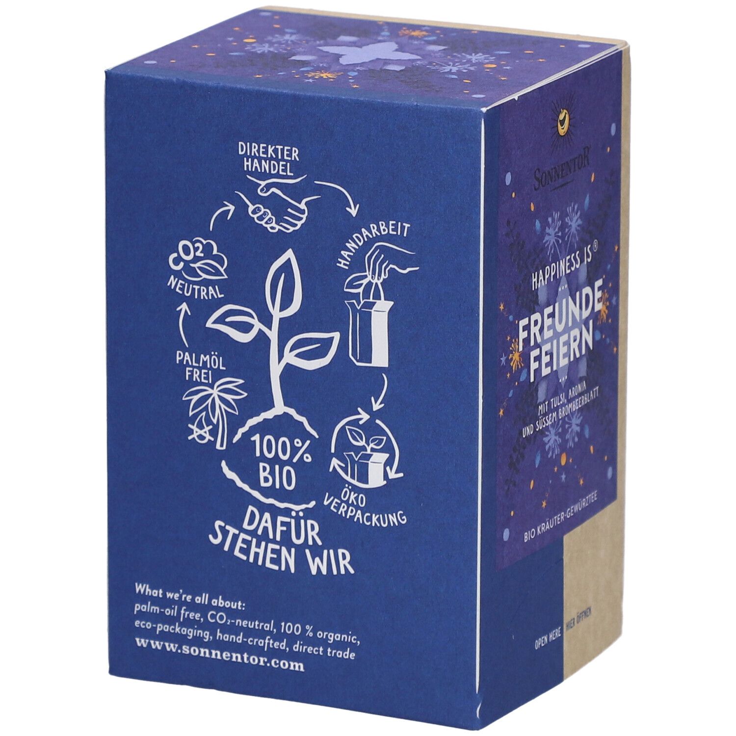 Dos de la boîte de thé. Surface bleue avec texte et illustrations. Informations sur le développement durable.