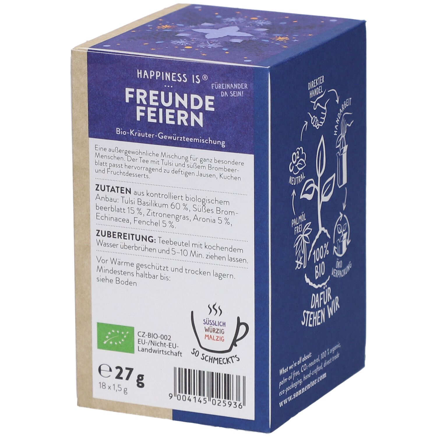 Boîte de thé avec texte. Contient ingrédients, préparation et informations nutritionnelles. Certification bio.