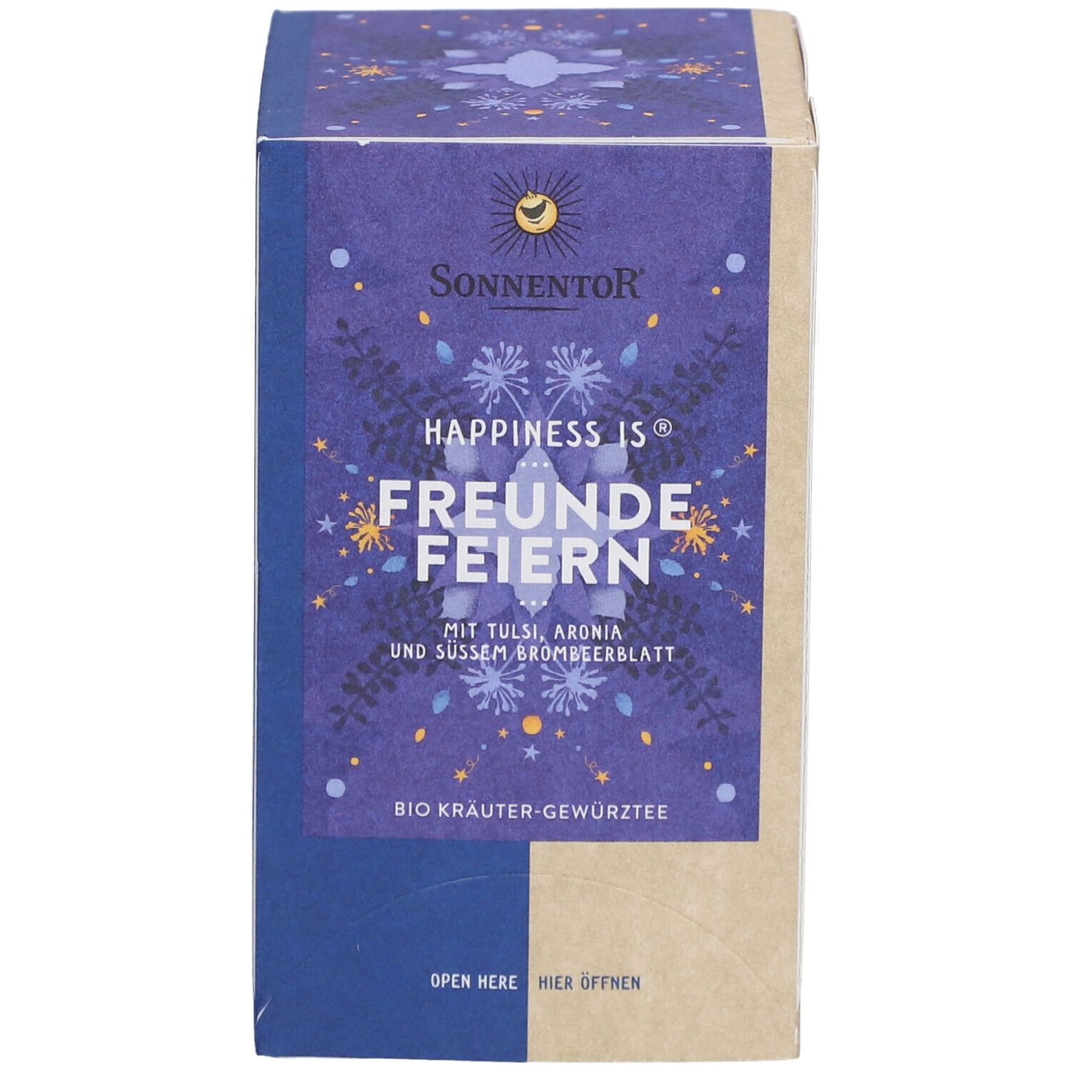 Boîte de tisane SONNENTOR®. Face bleue avec texte et logo. Côté marron.