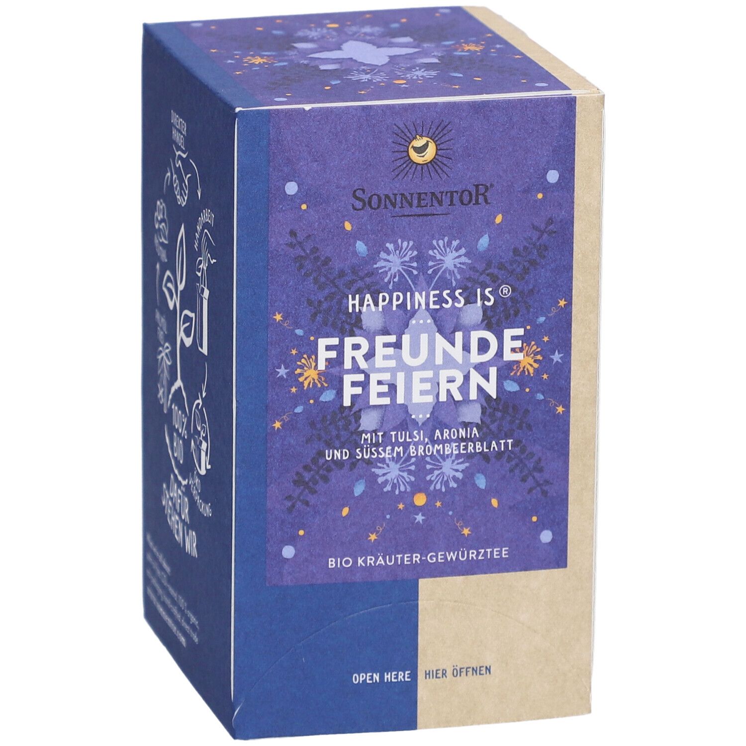 Boîte de thé avec texte et logo. Face bleue avec texte. Côté marron.