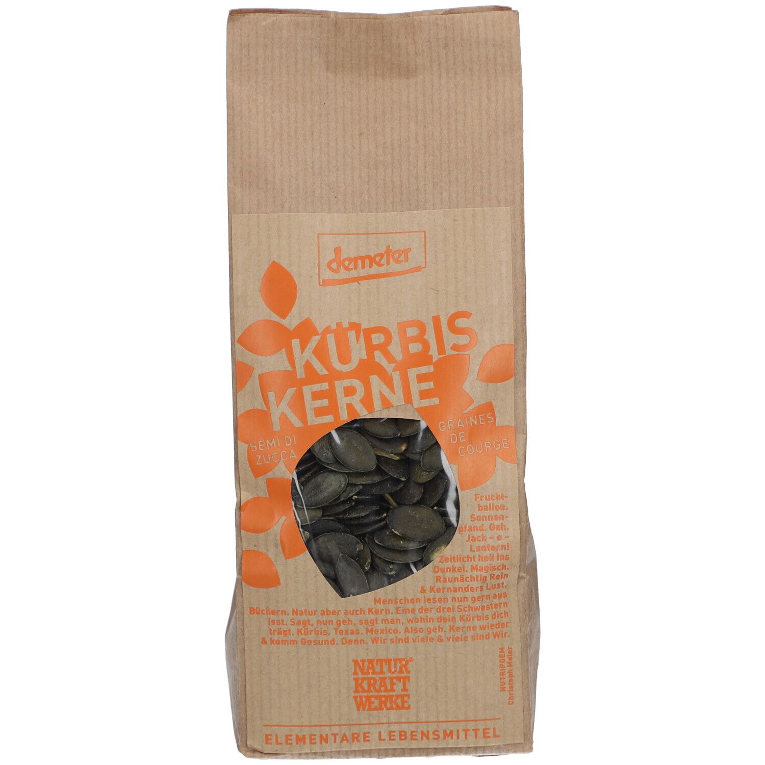 Sachet en papier avec graines de courge. Fenêtre transparente. Logo Demeter et texte.