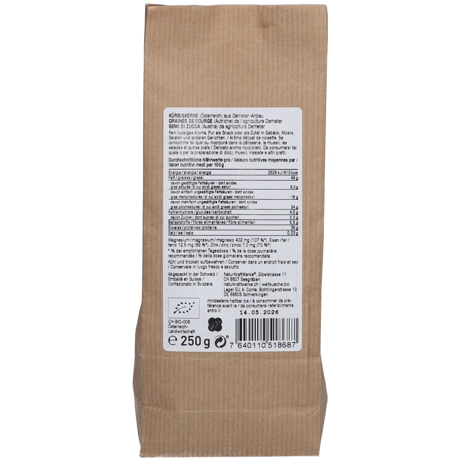 Dos du sachet en papier. Contient informations nutritionnelles, certifications et date limite.