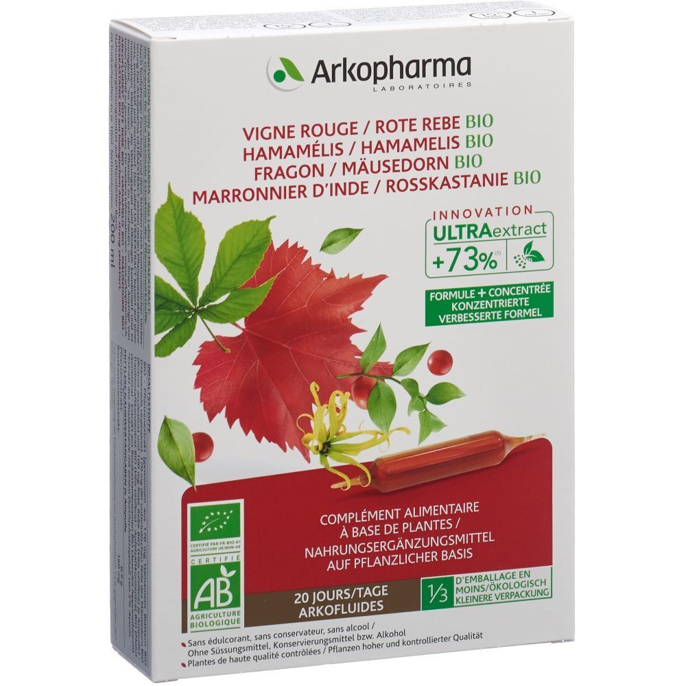 Boîte avec illustration de feuille rouge, ampoule. Texte: Vigne Rouge, Hamamélis, Fragon, Marronnier, Châtaignier.