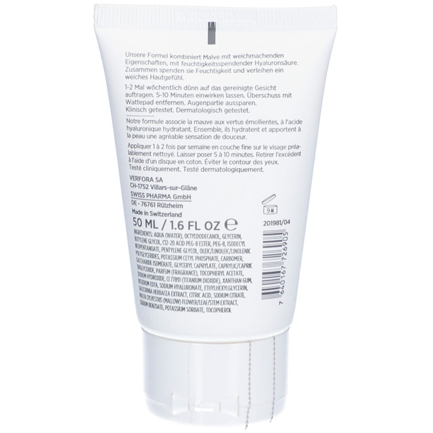 Rückseite der Tube. Text in Deutsch und Französisch. Inhaltsstoffe und Herstellerangaben. Produktionsdatum.