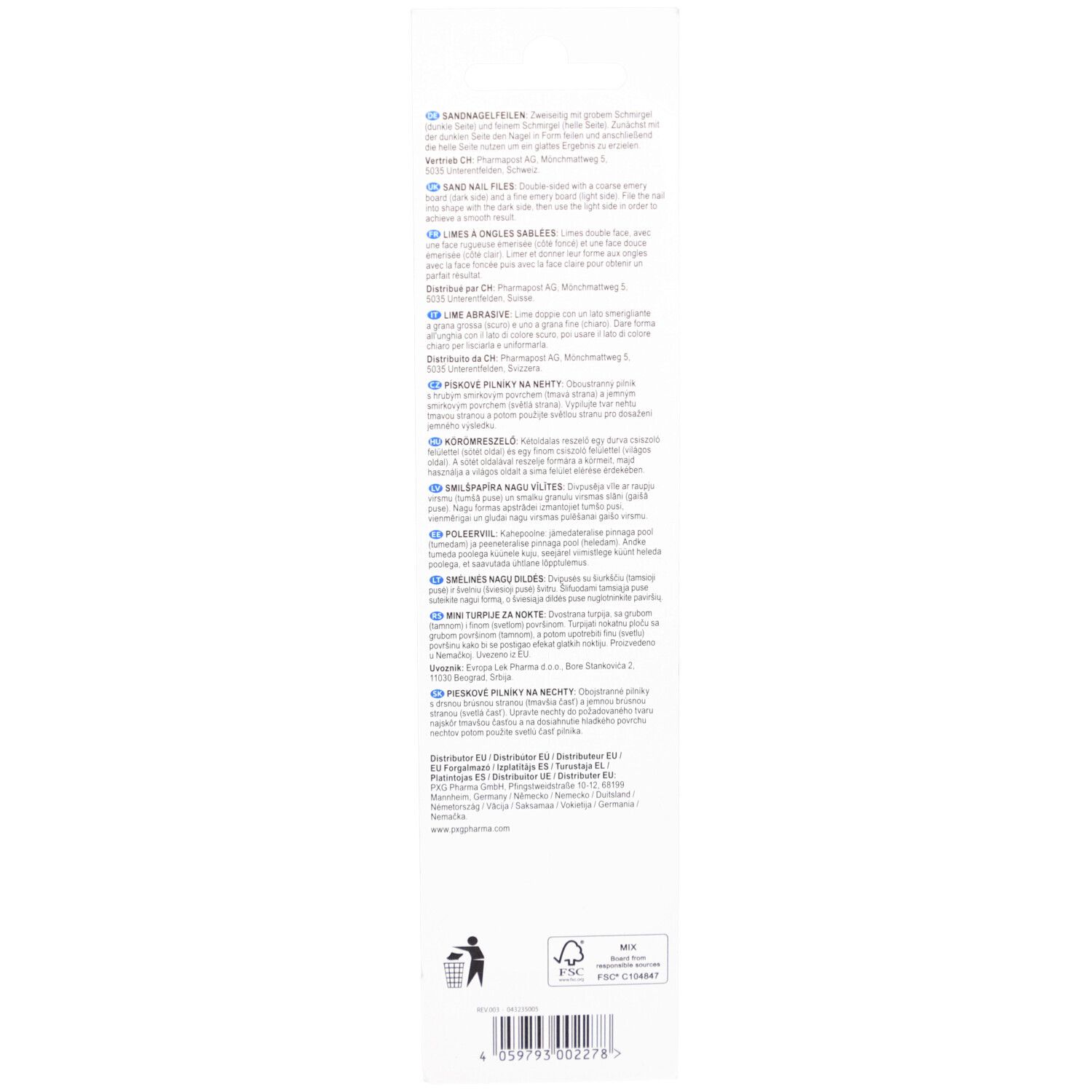 Dos de l'emballage avec texte multilingue. Contient des informations sur le produit et le fabricant.