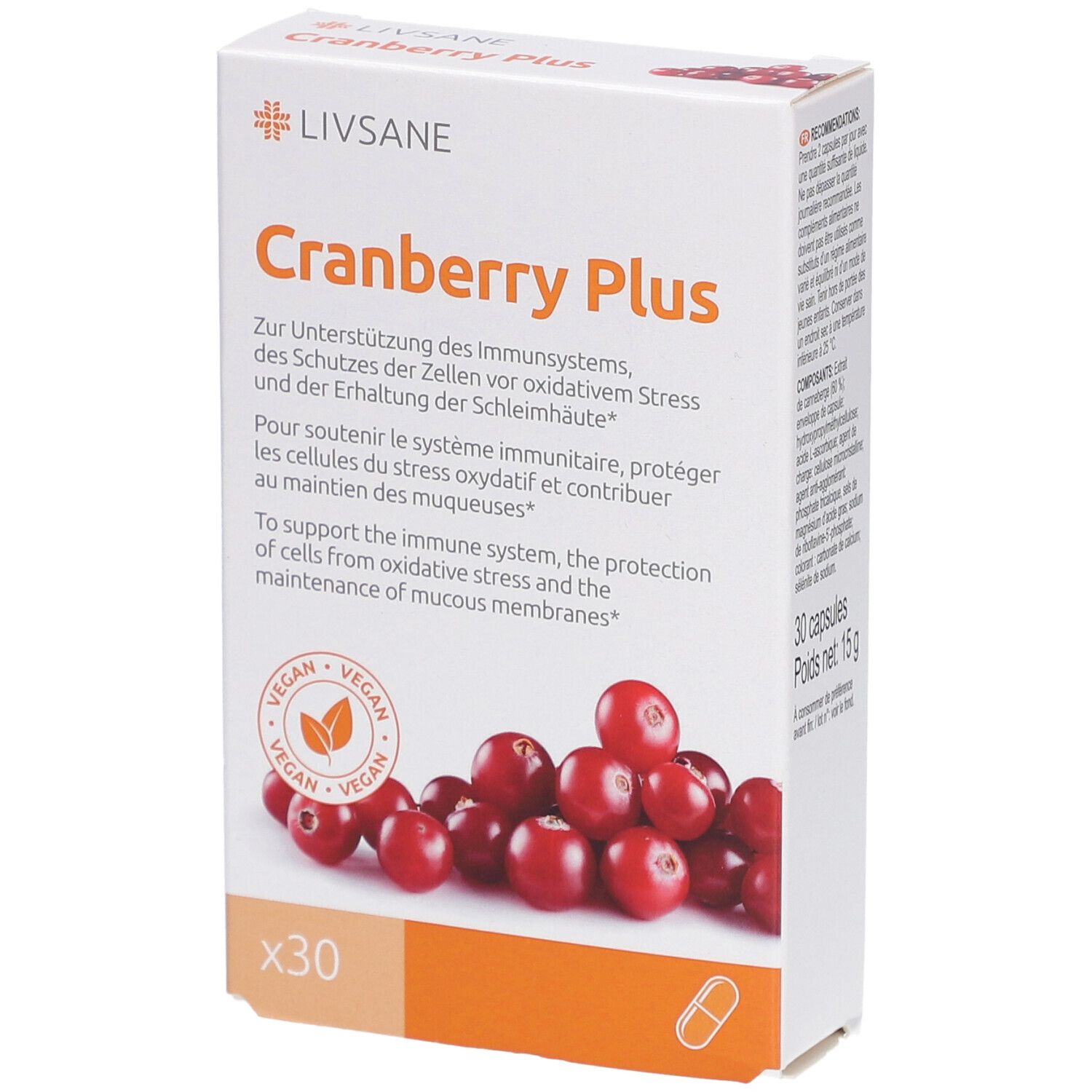 Boîte blanche LIVSANE Cranberry Plus. Illustration de canneberges rouges. Labels végan. 30 capsules. Fond orange.