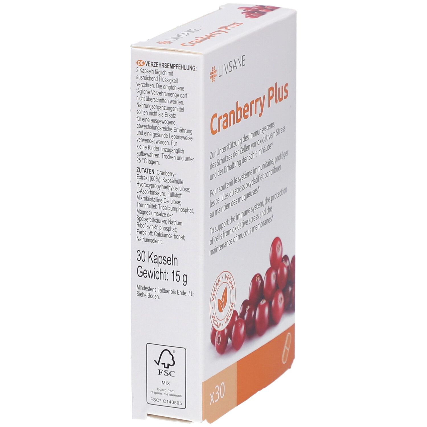Emballage incliné de LIVSANE Cranberry Plus. Texte et illustration de canneberges. 30 capsules. Label FSC.