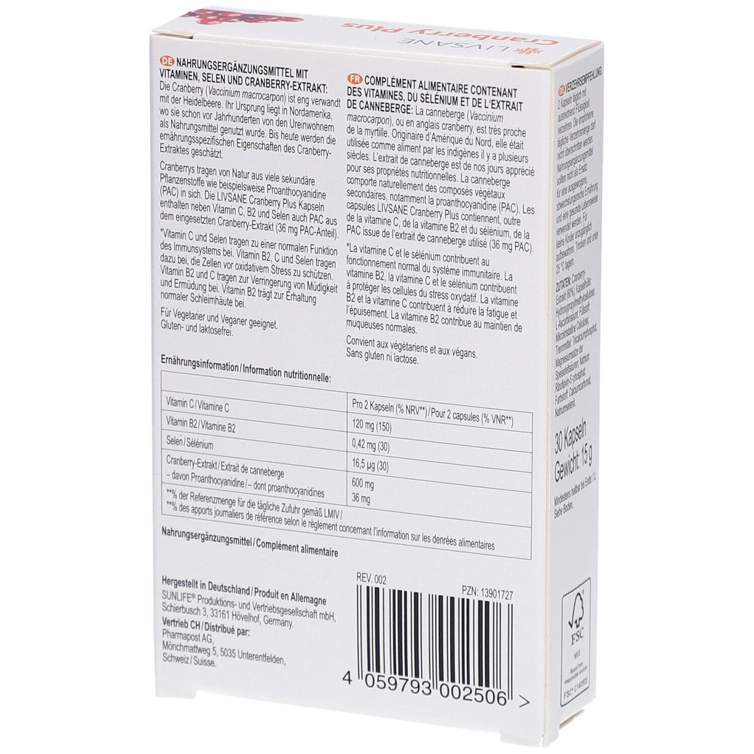 Dos de l'emballage LIVSANE Cranberry Plus. Texte avec ingrédients et informations nutritionnelles. 30 capsules.