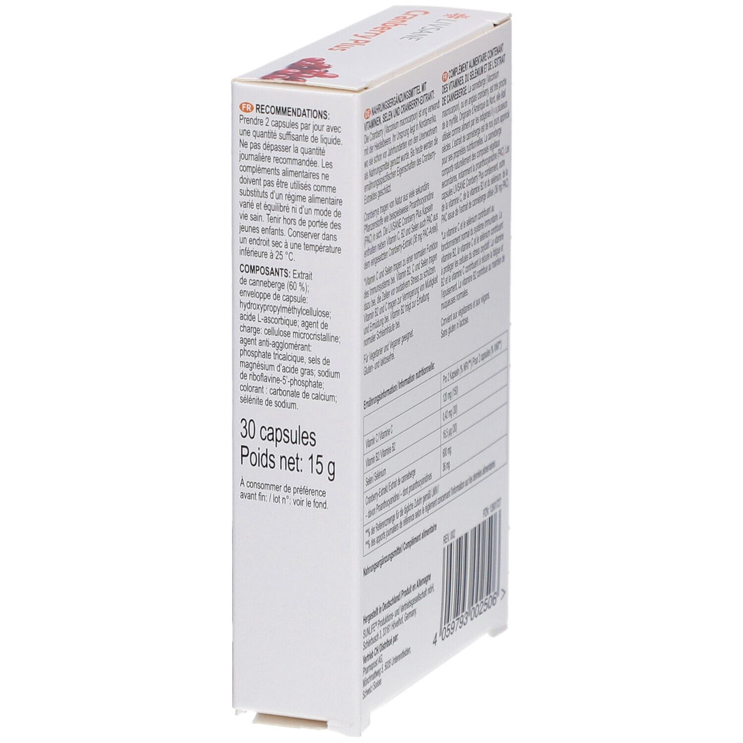 Dos de l'emballage LIVSANE Cranberry Plus. Texte avec conseils d'utilisation et ingrédients. 30 capsules.