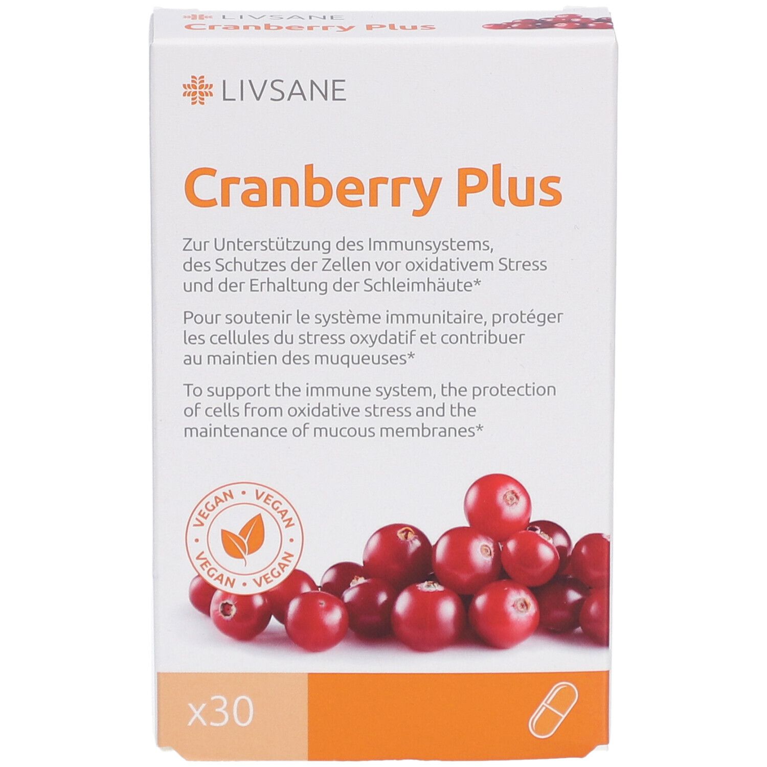 Face avant de l'emballage LIVSANE Cranberry Plus. Texte et illustration de canneberges. Labels végan. 30 capsules.