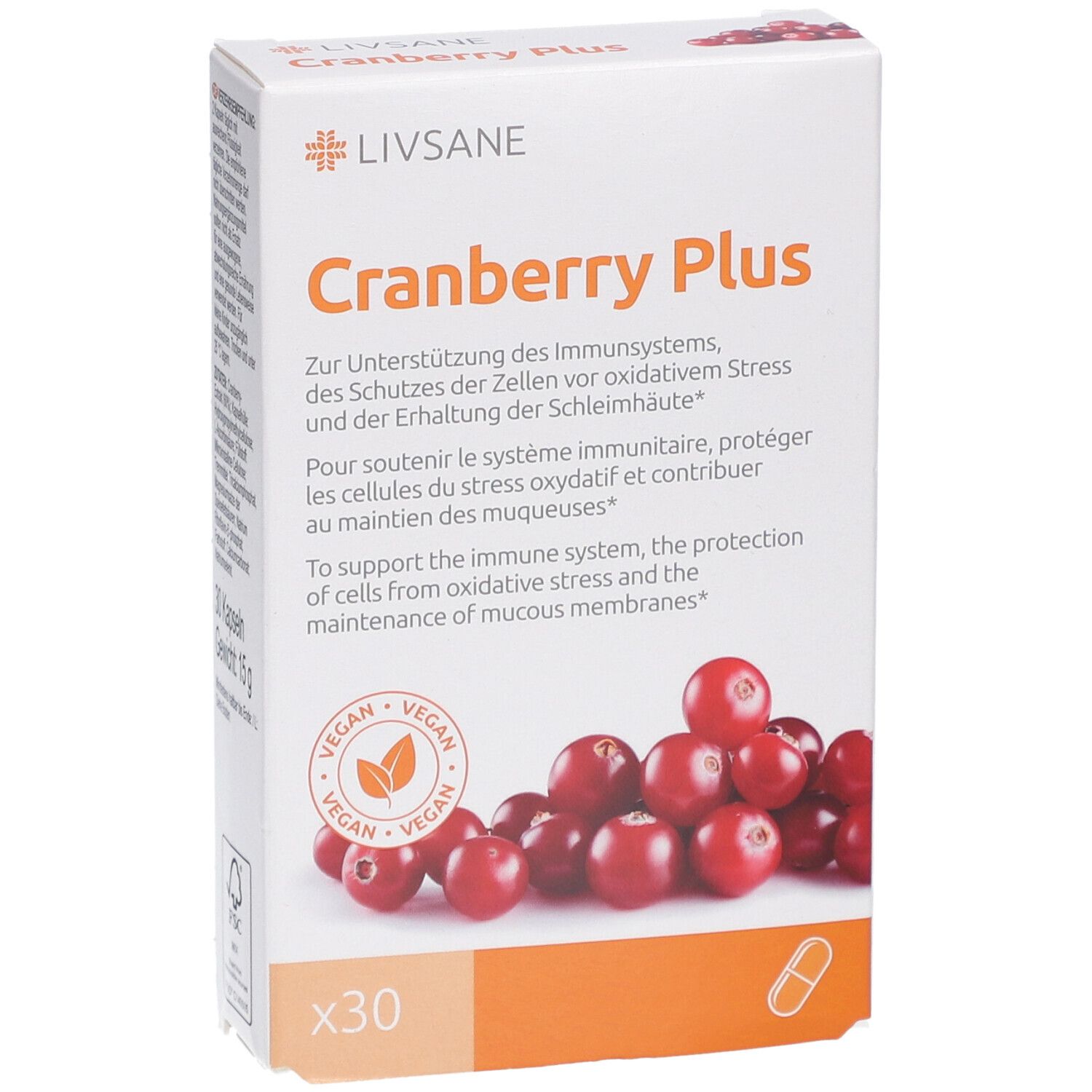 Emballage LIVSANE Cranberry Plus. Texte et illustration de canneberges. Labels végan. 30 capsules. Vue oblique.