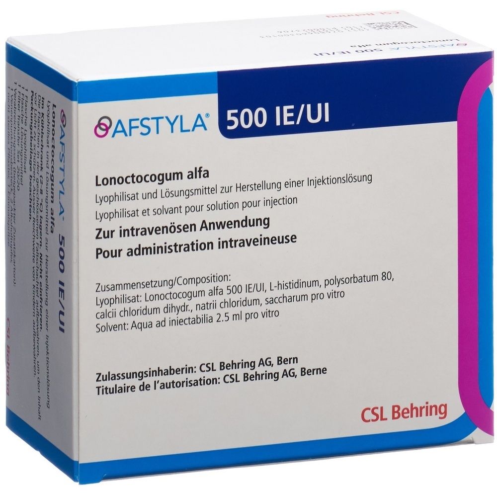 Karton von AFSTYLA 500 IE/UI. Enthält Lonoctocogum alfa. Für intravenöse Anwendung. Hersteller: CSL Behring.