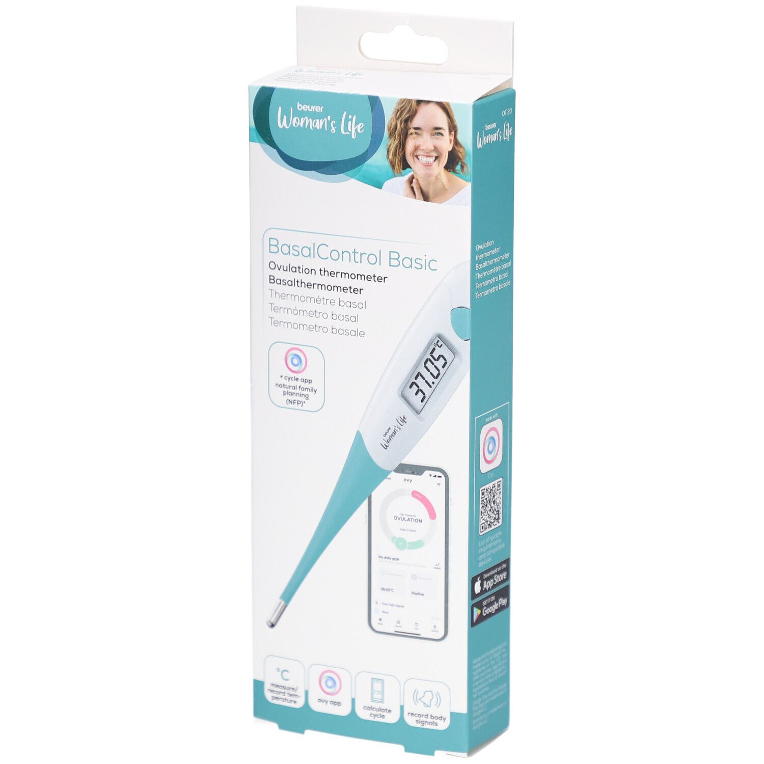 Verpackung mit Basalthermometer. Aufdruck: BasalControl Basic, Ovulation thermometer. Digitalanzeige: 37.05. Marke: Beurer Women's Life.