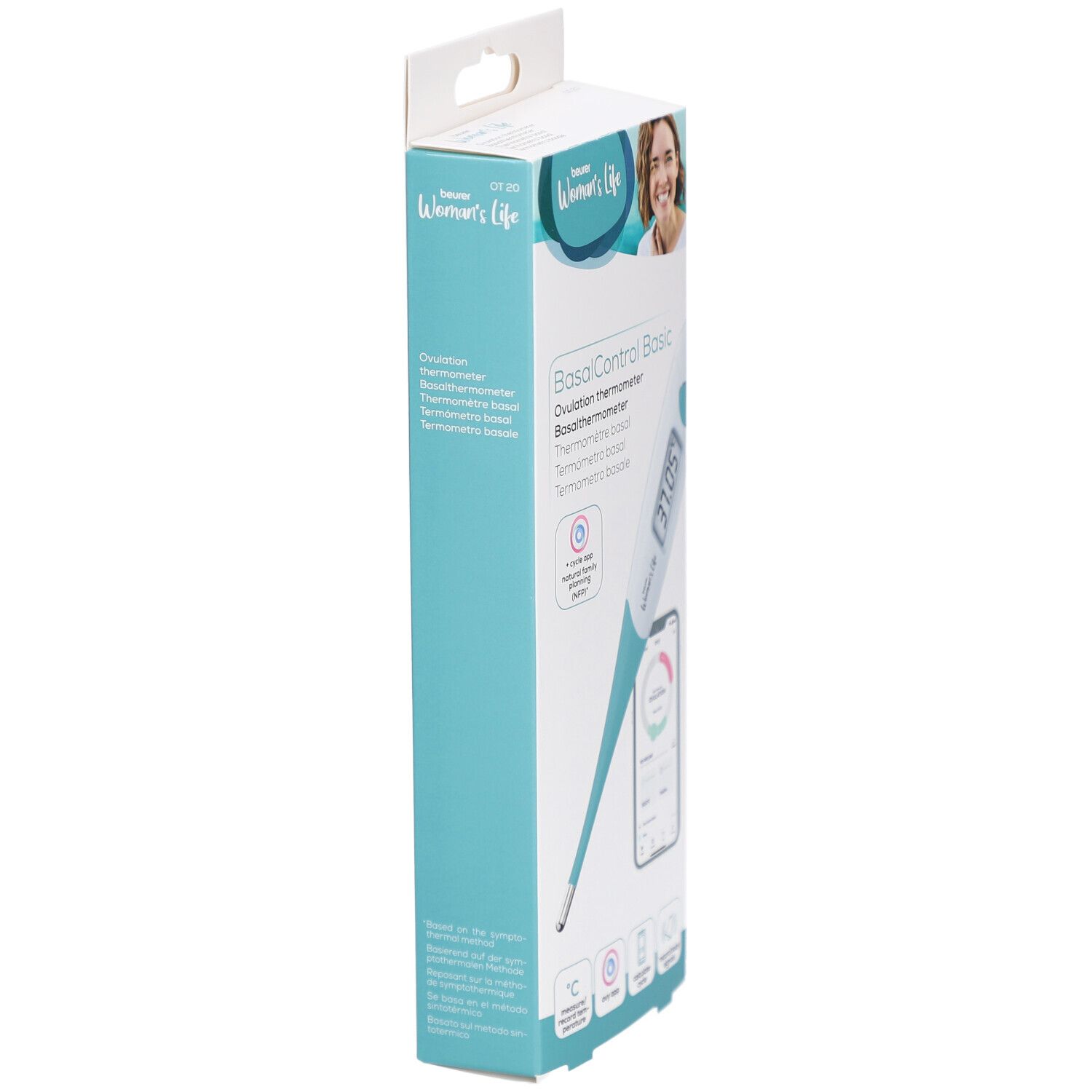 Schmale Verpackung mit Basalthermometer. Aufdruck: BasalControl Basic, Ovulation thermometer. Marke: Beurer Women's Life. Türkis-weiß.