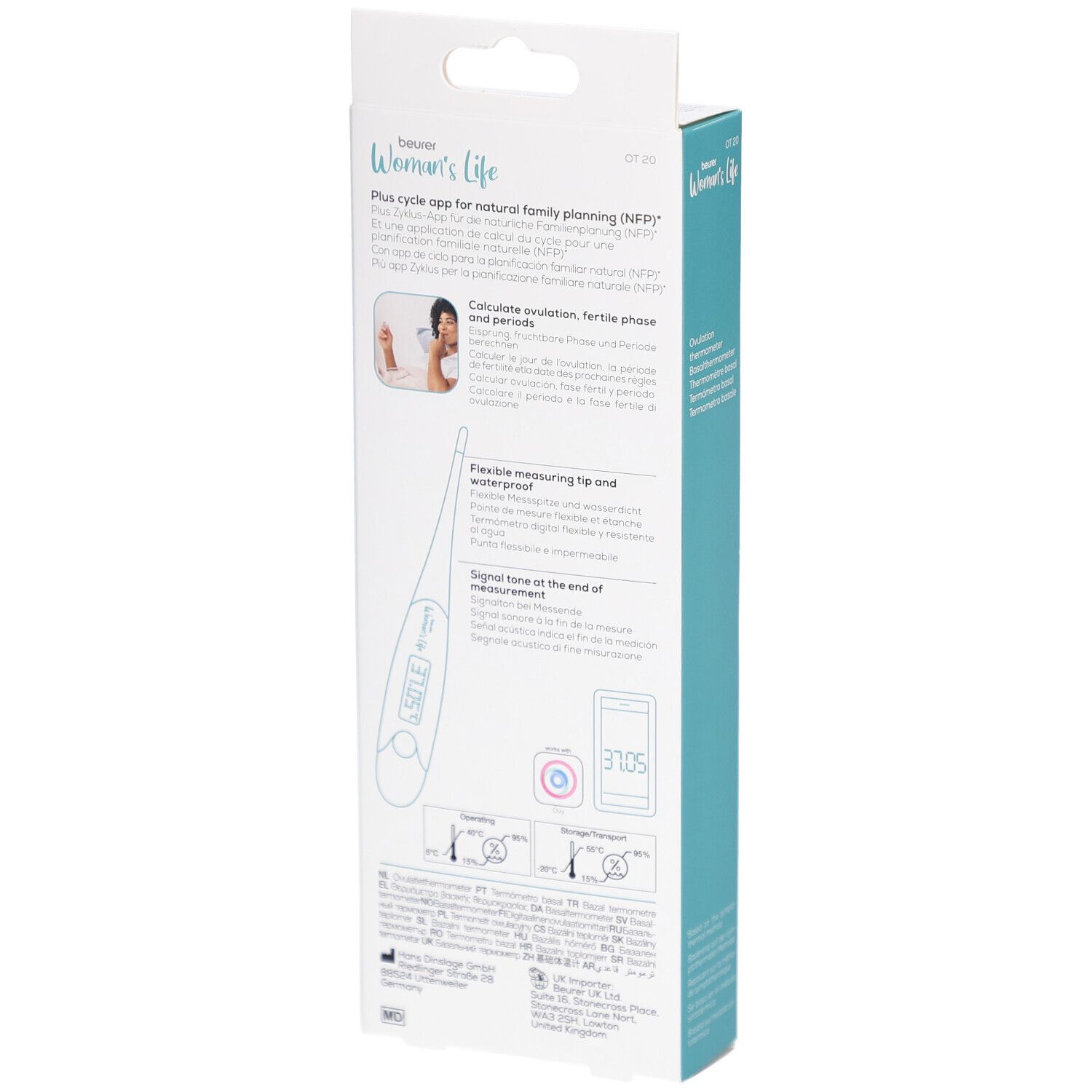 Rückseite der Verpackung mit Basalthermometer. Text: Plus-Zyklus-App für natürliche Familienplanung. Thermometer abgebildet. Digitalanzeige: 37.05.