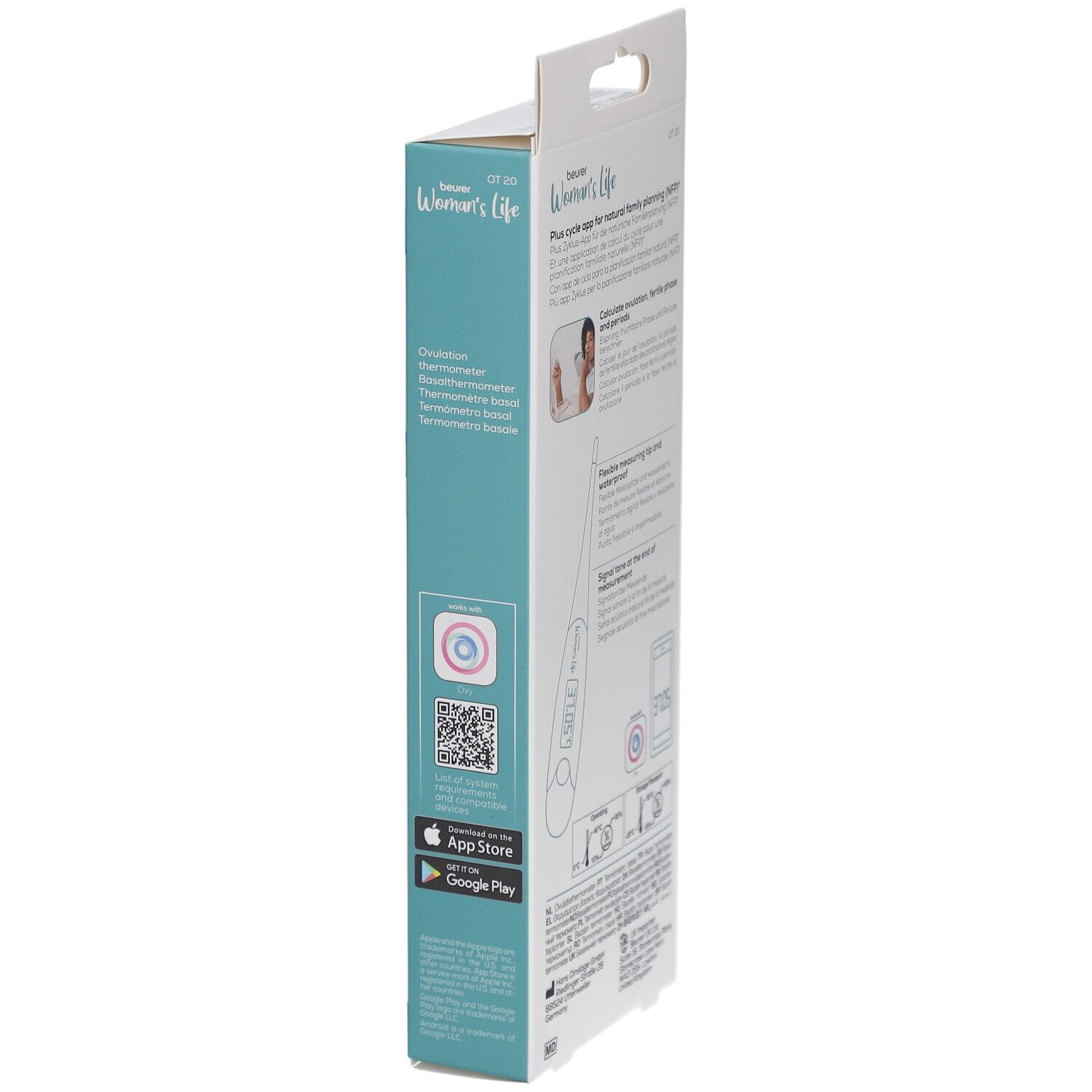 Seitenansicht der Verpackung mit Basalthermometer. Aufdruck: BasalControl Basic, Ovulation thermometer. Marke: Beurer Women's Life. QR-Code.
